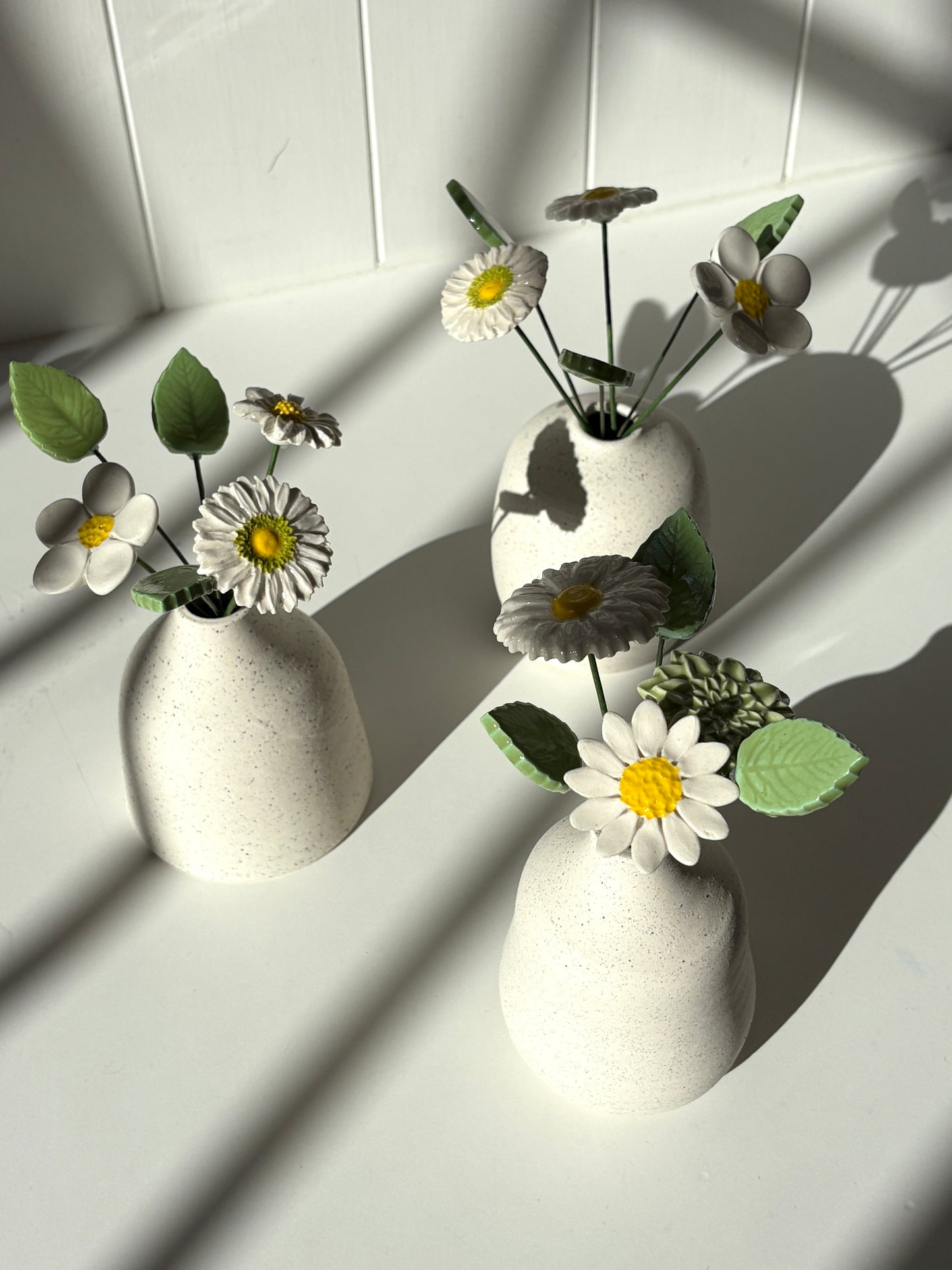 Ceramic Bud Vase with White Flowers & Leaves