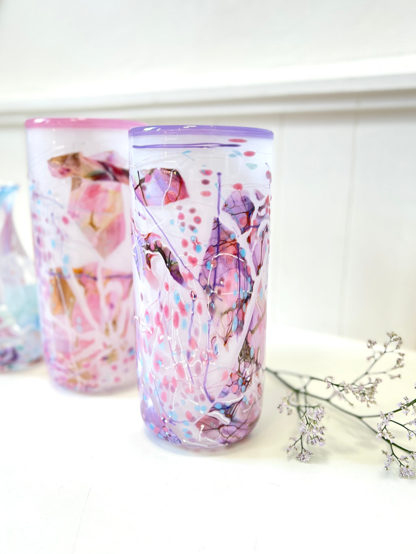 White with Violet Shard Handblown Glass Cylinder Vase - by Grinter Glass