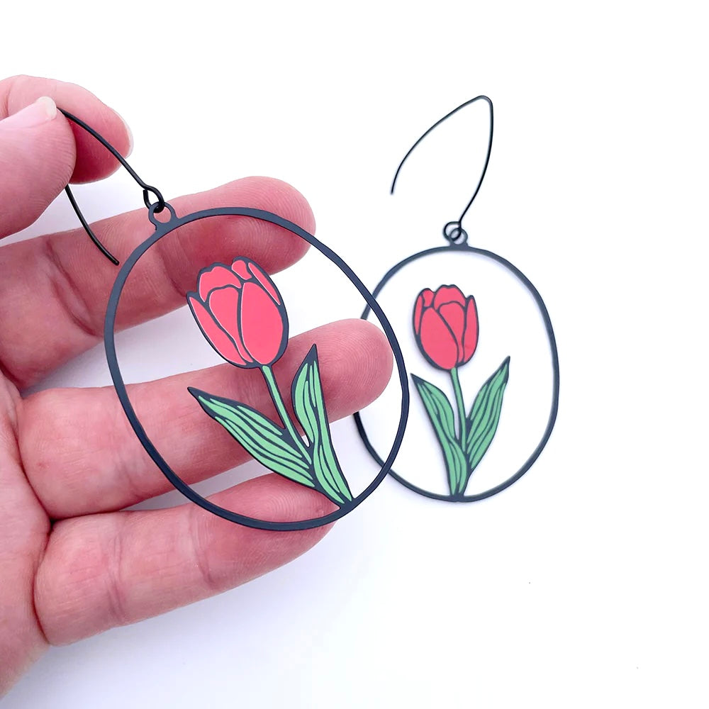 Tulip Flower Earrings in Black, Red & Green