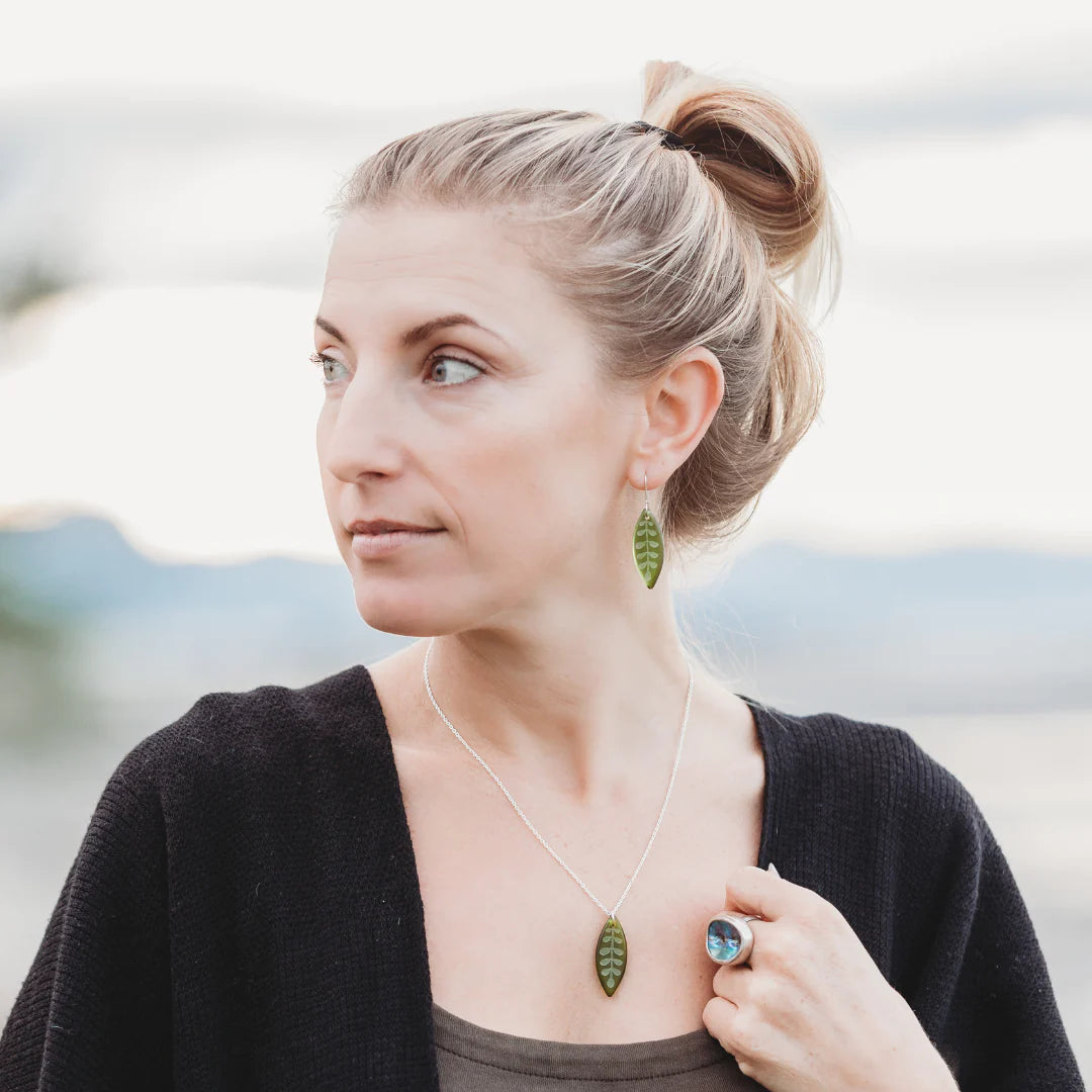 Kowhai Leaf Earrings - Green Glass
