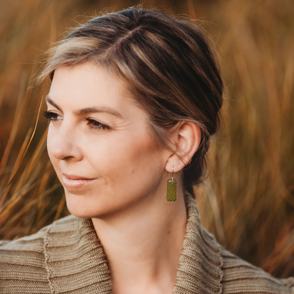 Woven Flax Drop Earrings - Green