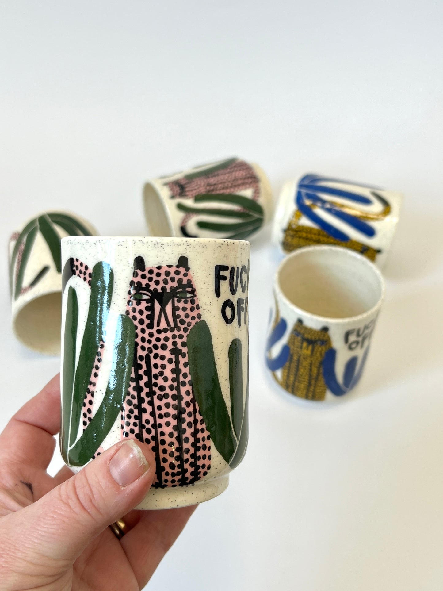 Ceramic Cup by Studio Soph - "FUCK OFF" Pink Cheetah / Green Leaves