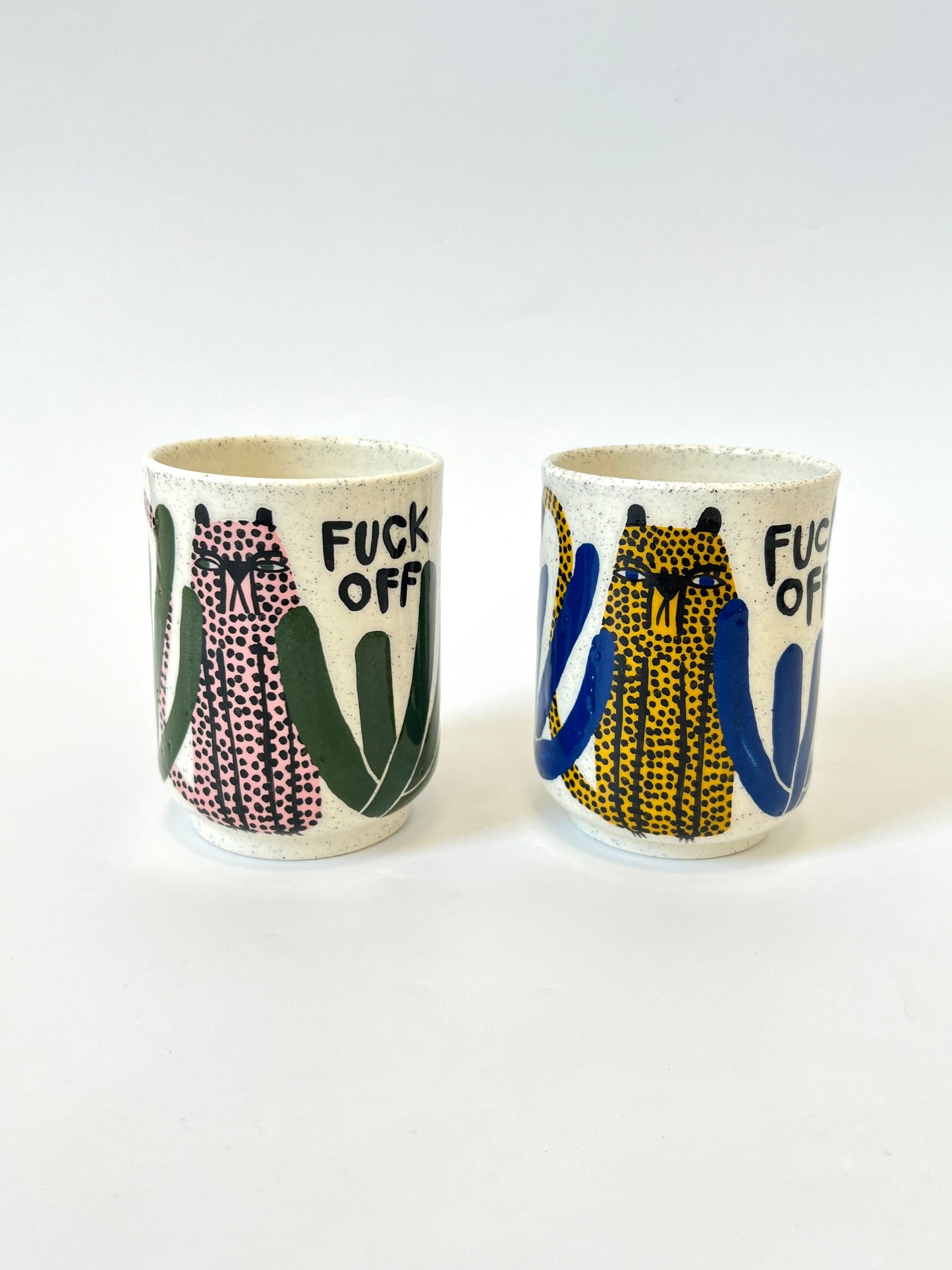 Ceramic Cup by Studio Soph - "FUCK OFF" Pink Cheetah / Green Leaves