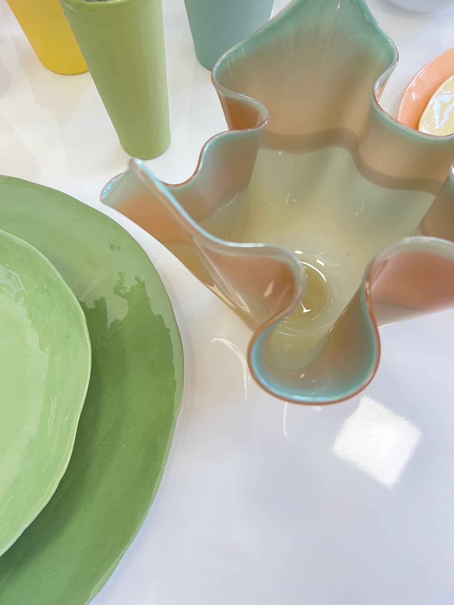 Handblown Glass Fazzoletto Bowl - Multi tone Yellow / Orange / Blue