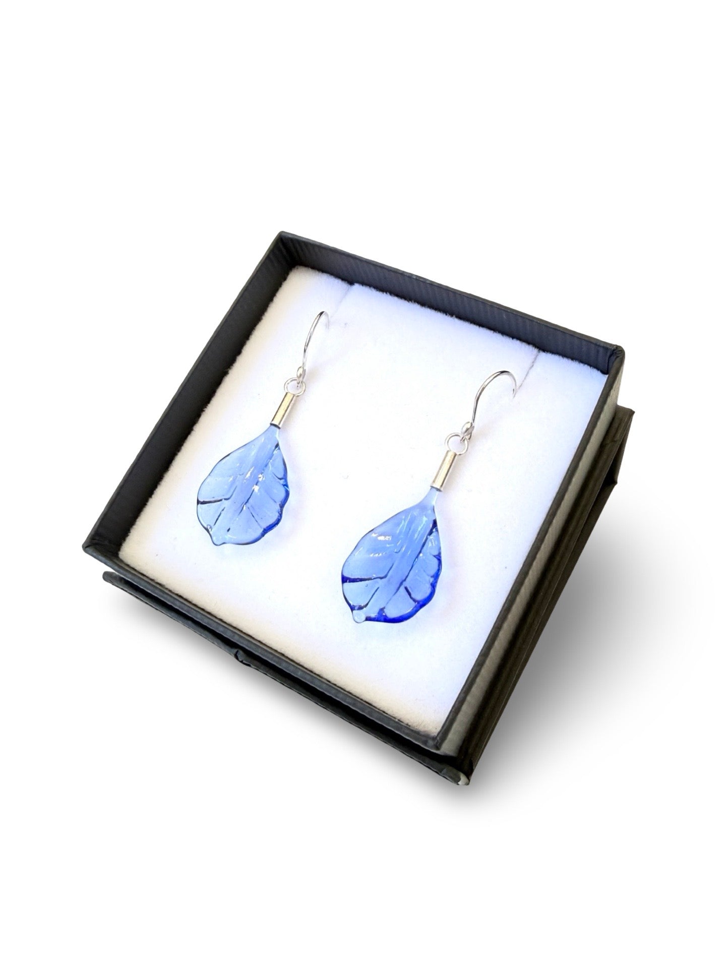 Glass Leaf Drop Earrings - Sky Blue