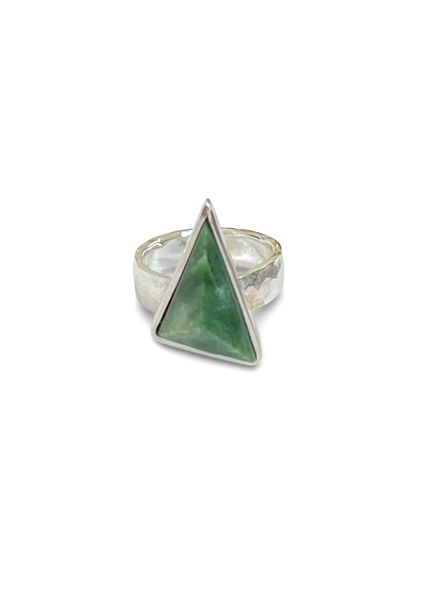 Long Triangle Facet Pounamu & Sterling Silver Texture Ring (RI-TR3)