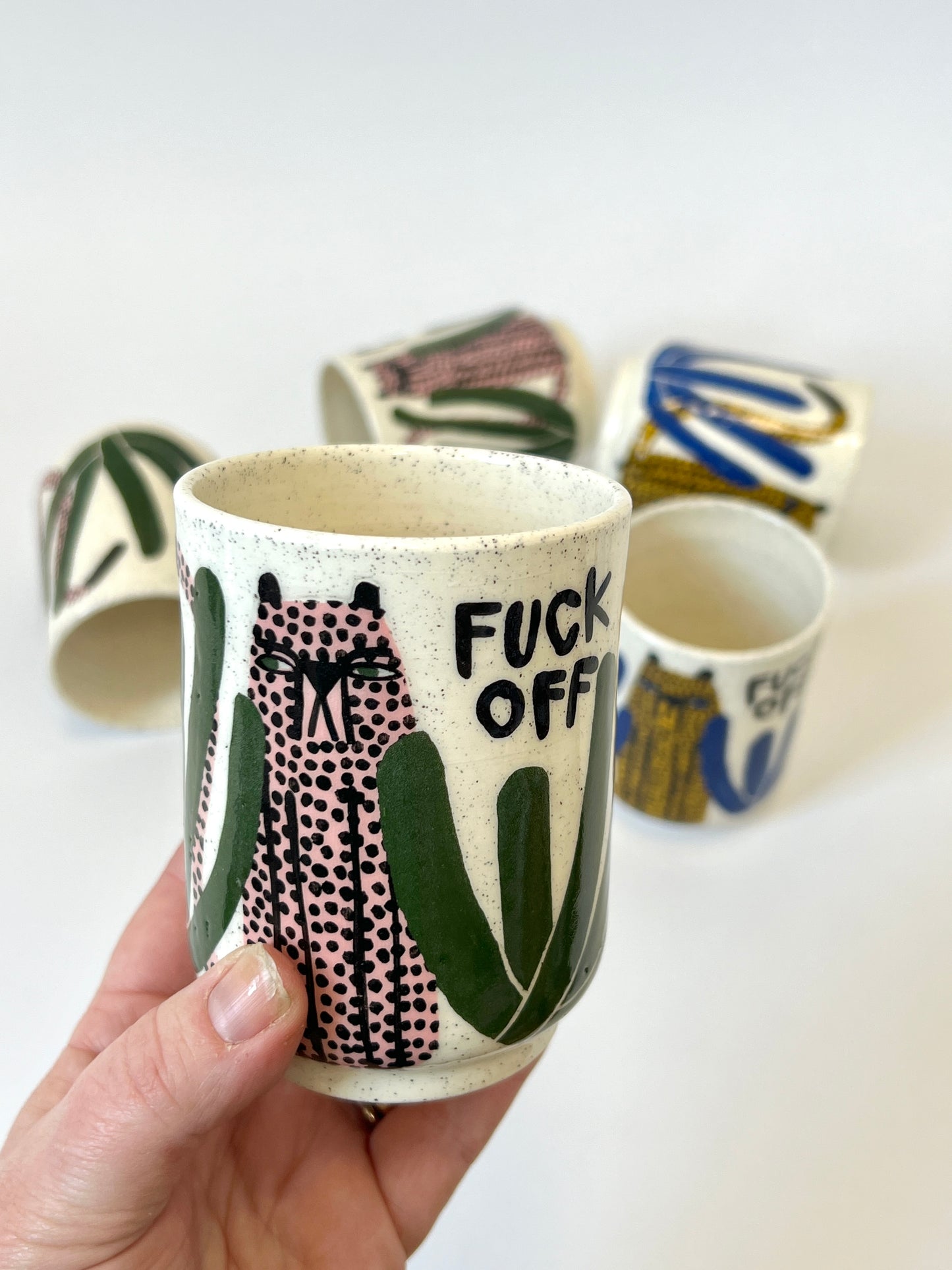 Ceramic Cup by Studio Soph - "FUCK OFF" Pink Cheetah / Green Leaves