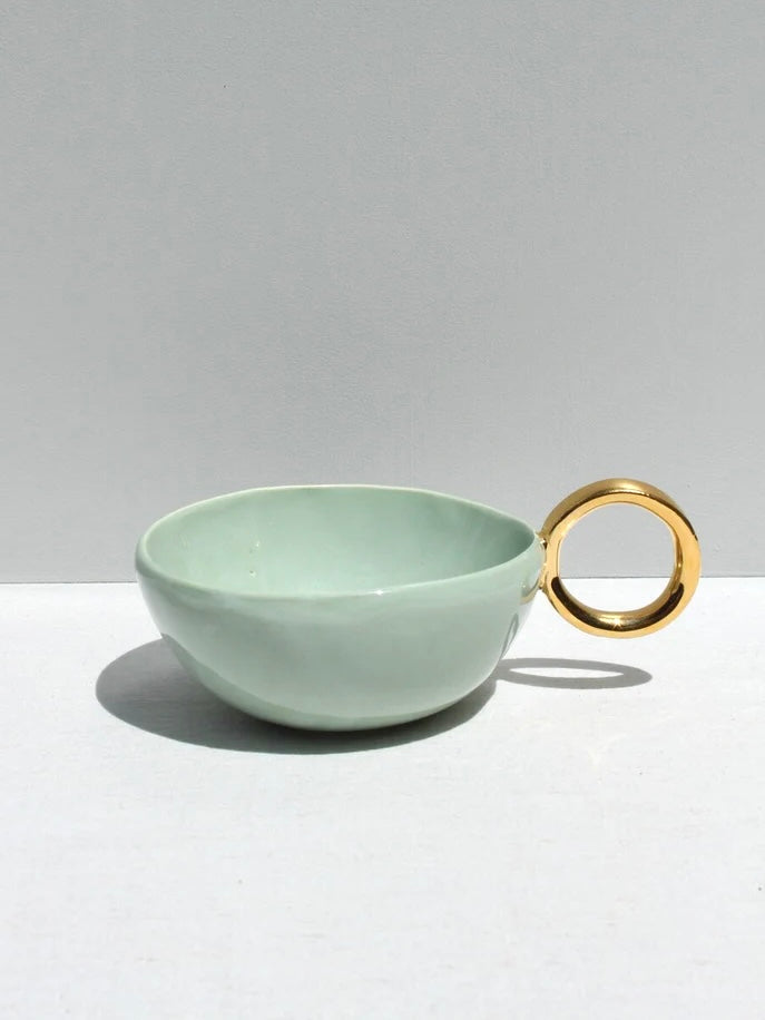 Sage Green 'With Pleasure' Gold-Handled Ceramic Tea Cup
