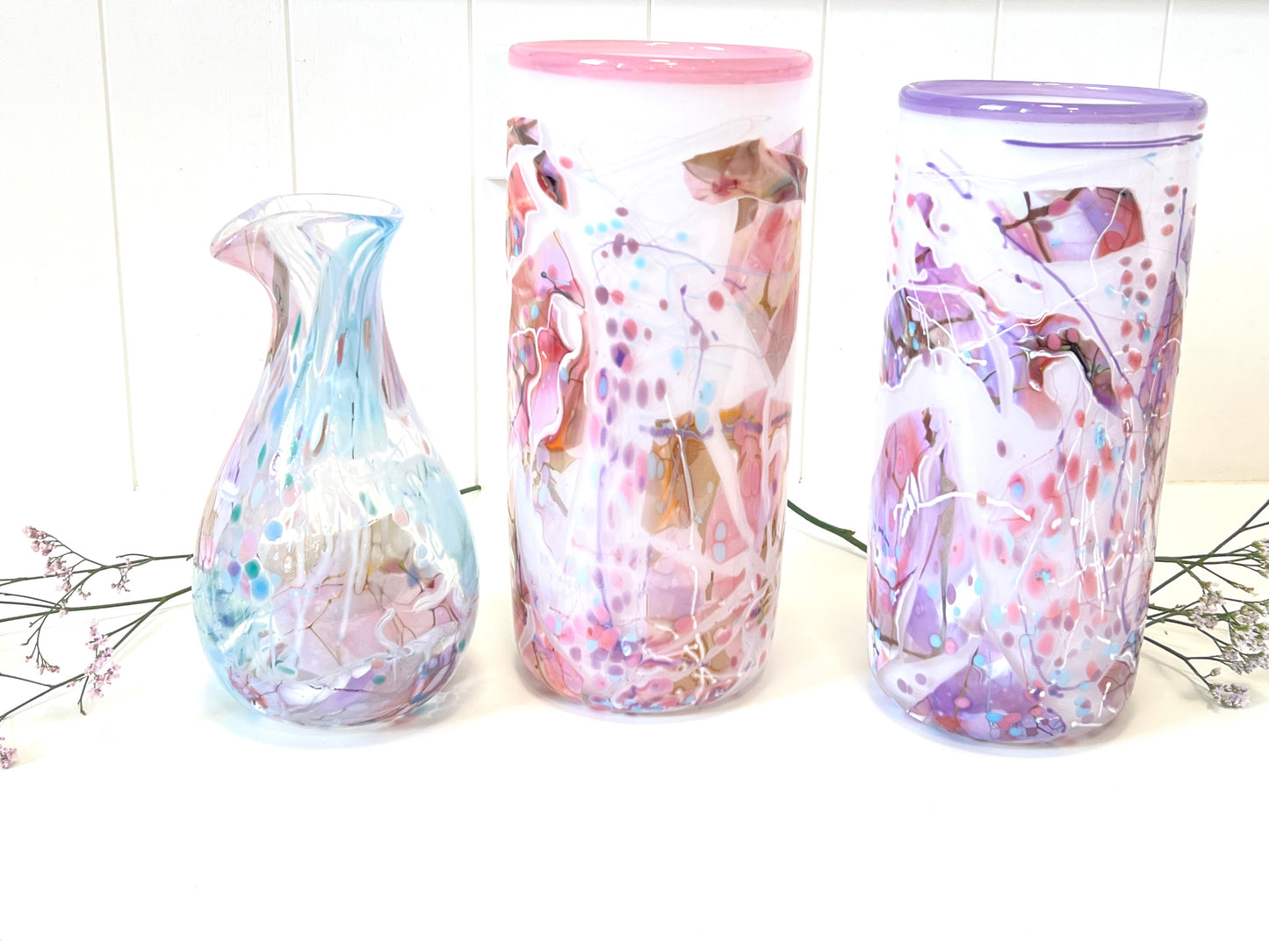 White with Violet Shard Handblown Glass Cylinder Vase - by Grinter Glass