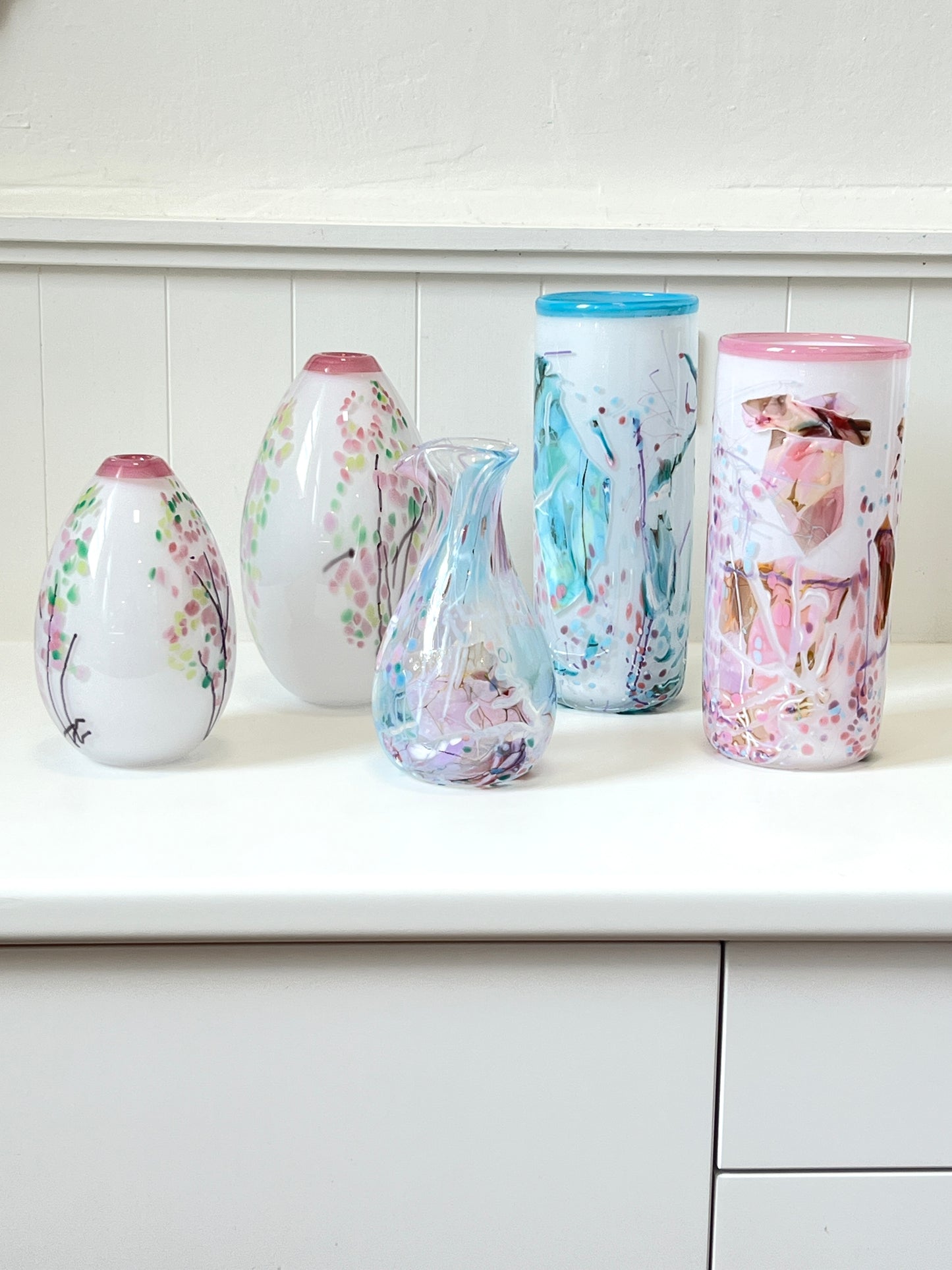 White with Pinks Handblown Glass Cylinder 'Shard; Vase - by Grinter Glass
