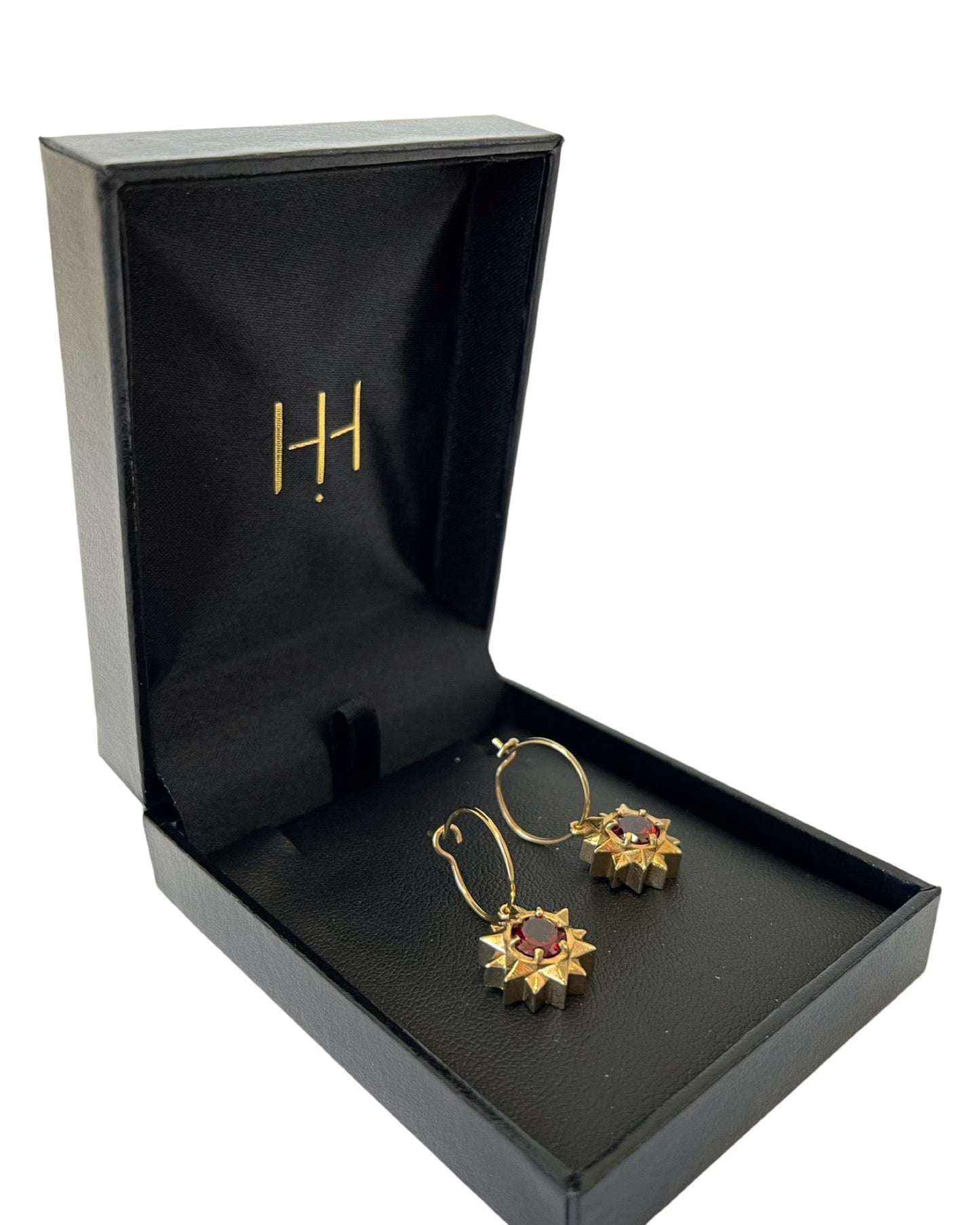 Gold Plated Stardrop Hoop earrings - with Garnets