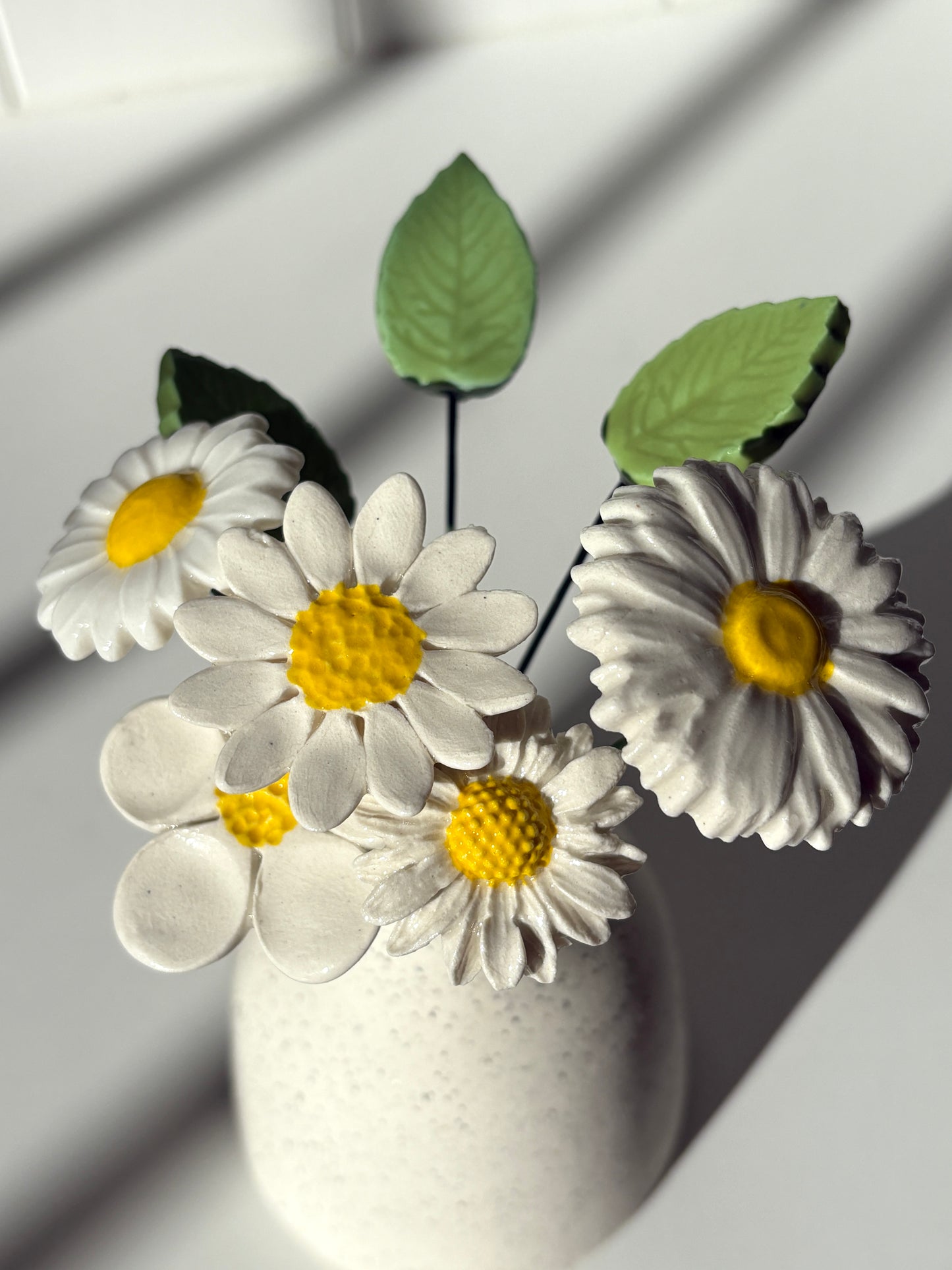 Ceramic Bud Vase with White Flowers & Leaves