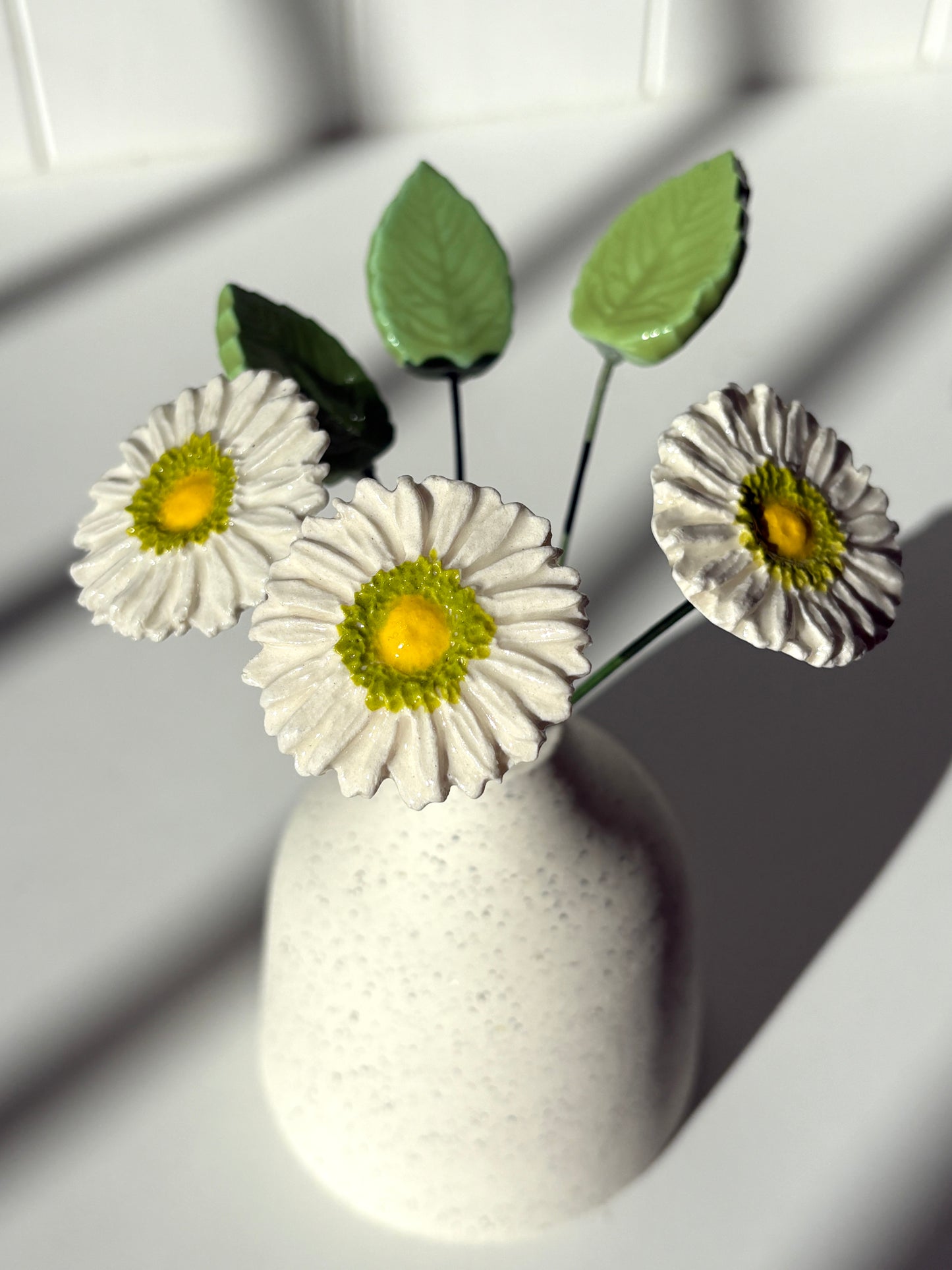 Ceramic Bud Vase with White Flowers & Leaves