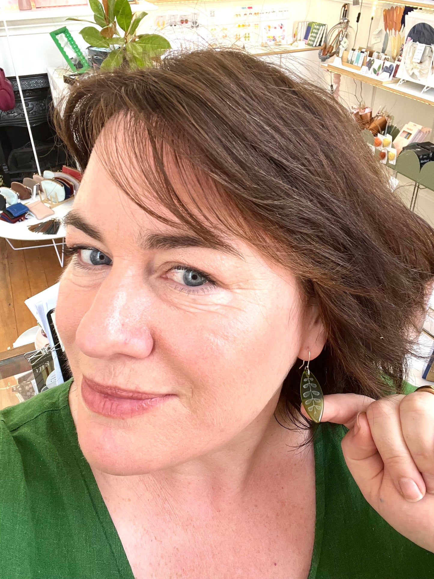 Kowhai Leaf Earrings - Green Glass