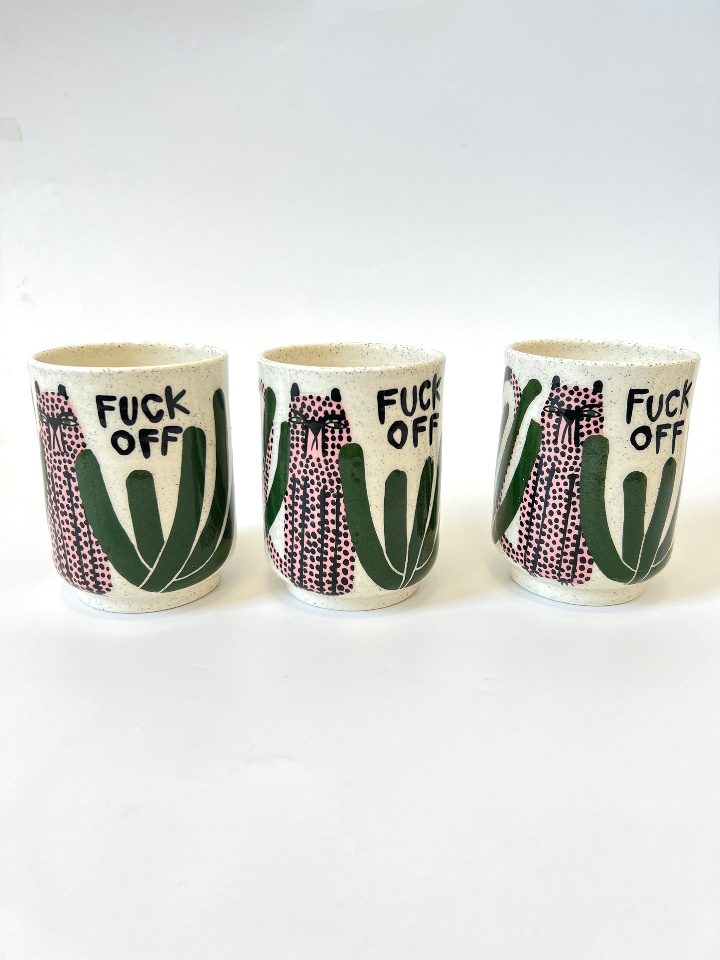 Ceramic Cup by Studio Soph - "FUCK OFF" Pink Cheetah / Green Leaves
