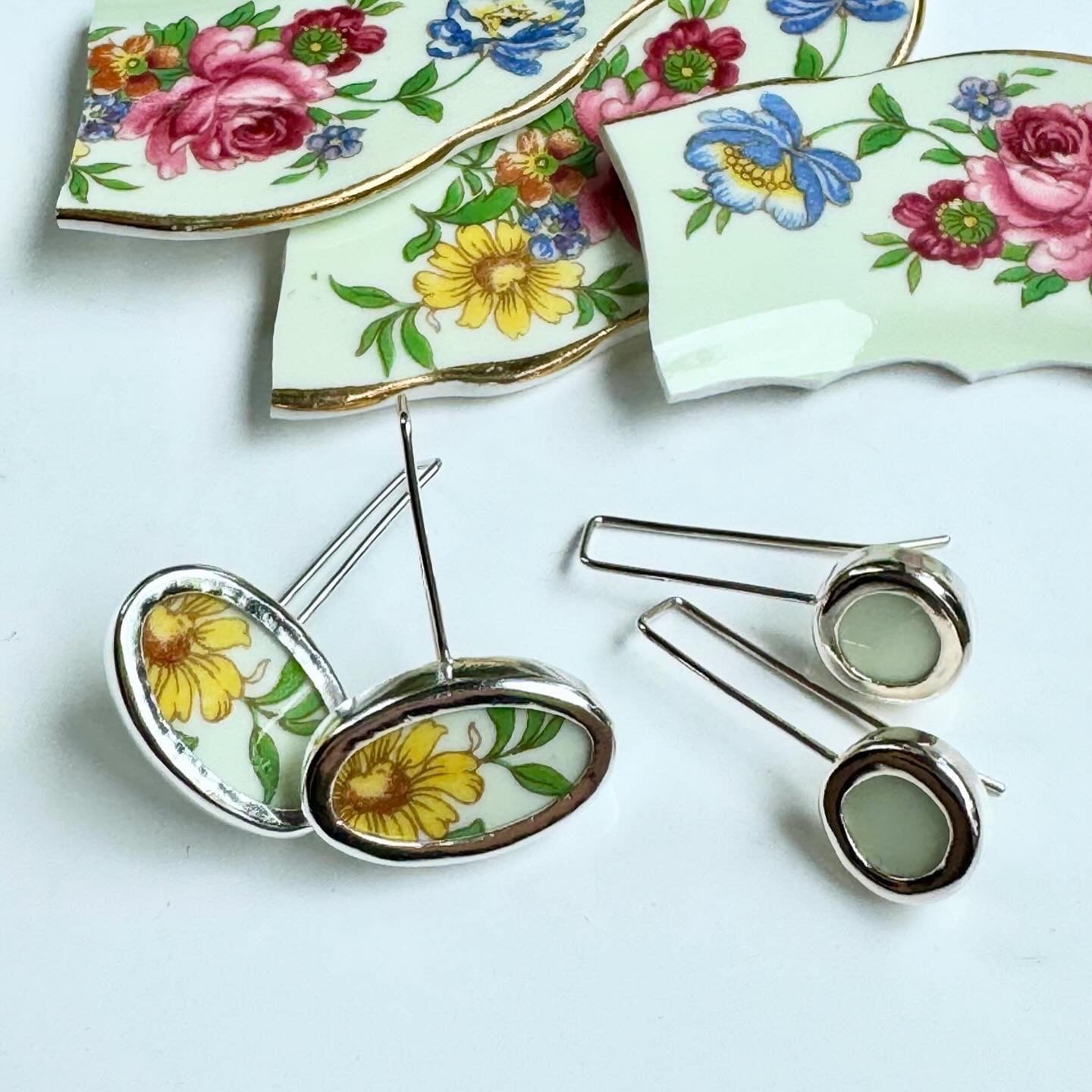 Repurposed Pale Green Floral Colclough Bone China Ceramic & Silver Oval Earrings (#2426)