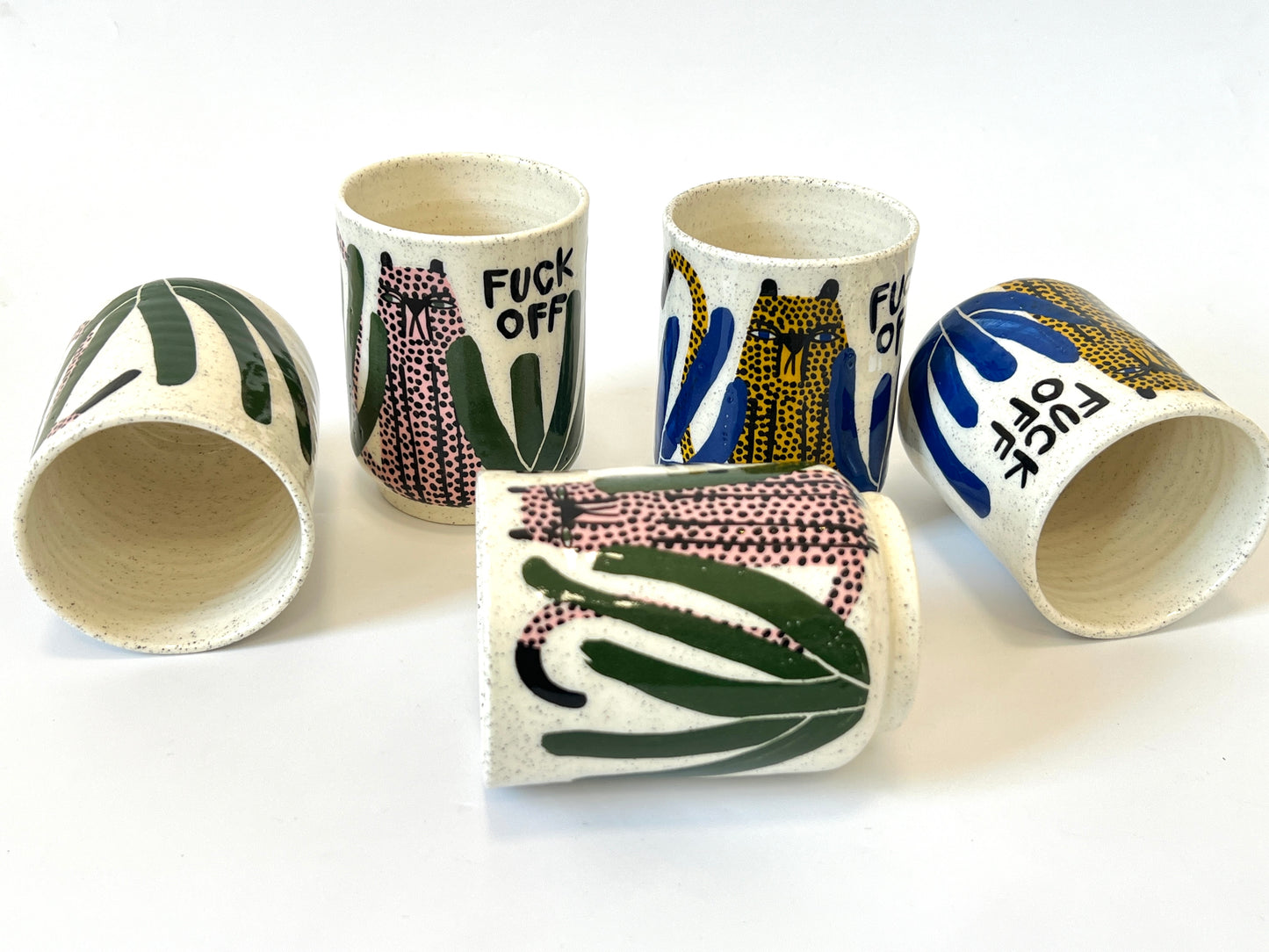 Ceramic Cup by Studio Soph - "FUCK OFF" Pink Cheetah / Green Leaves