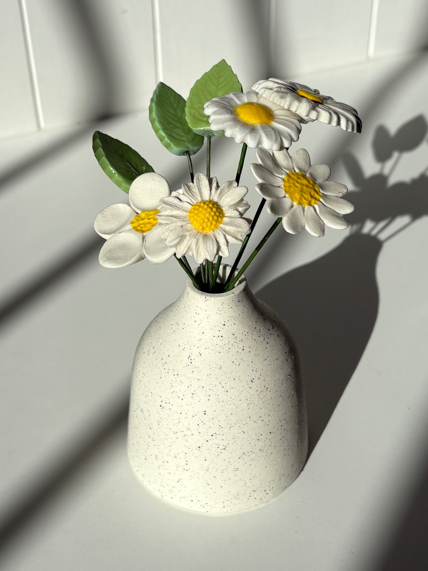 Ceramic Bud Vase with White Flowers & Leaves