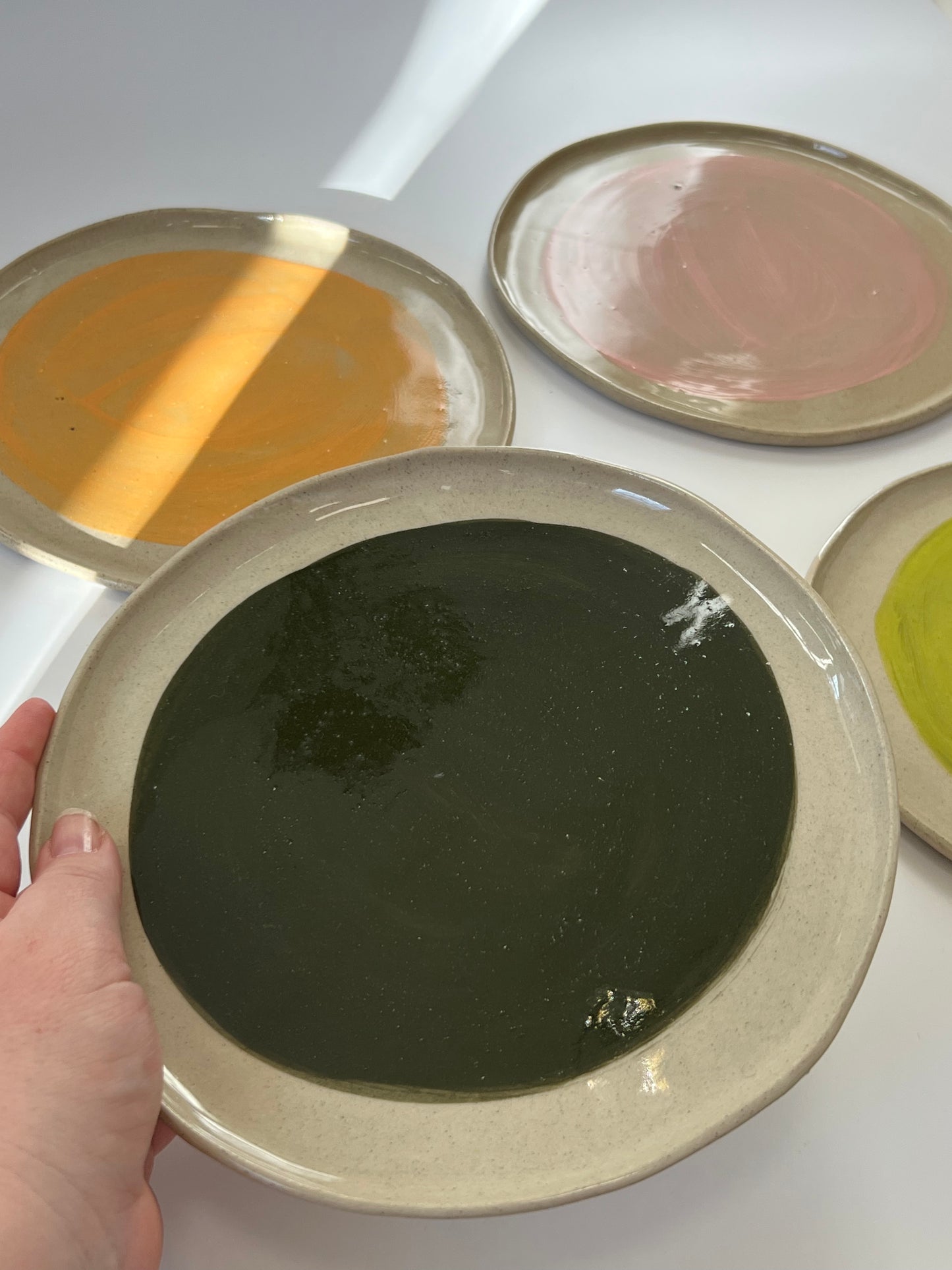 Large Handmade Ceramic Round Plate - Dark Green