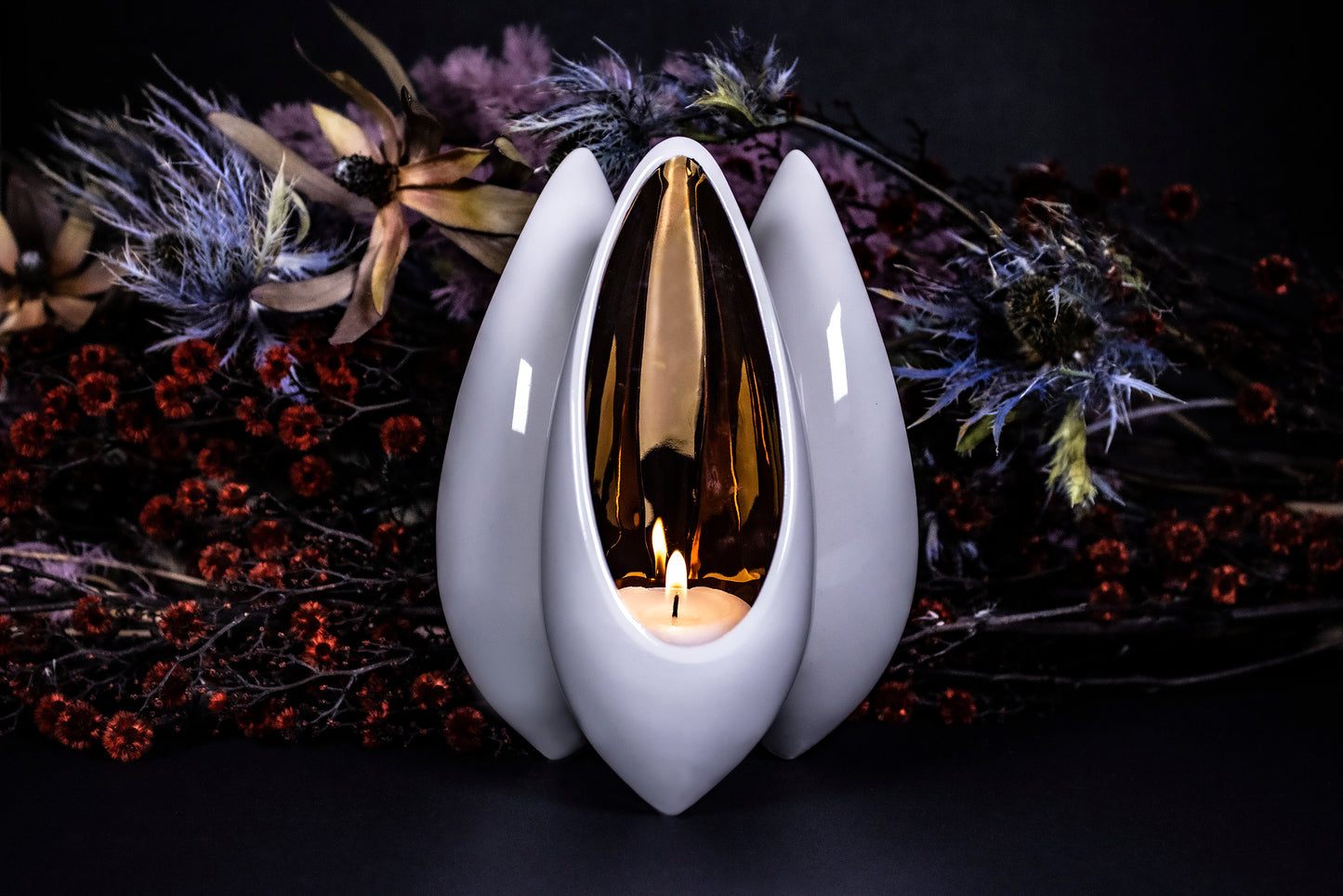 Seed Pod Tealight Holder - Matte Black with Copper Lustre