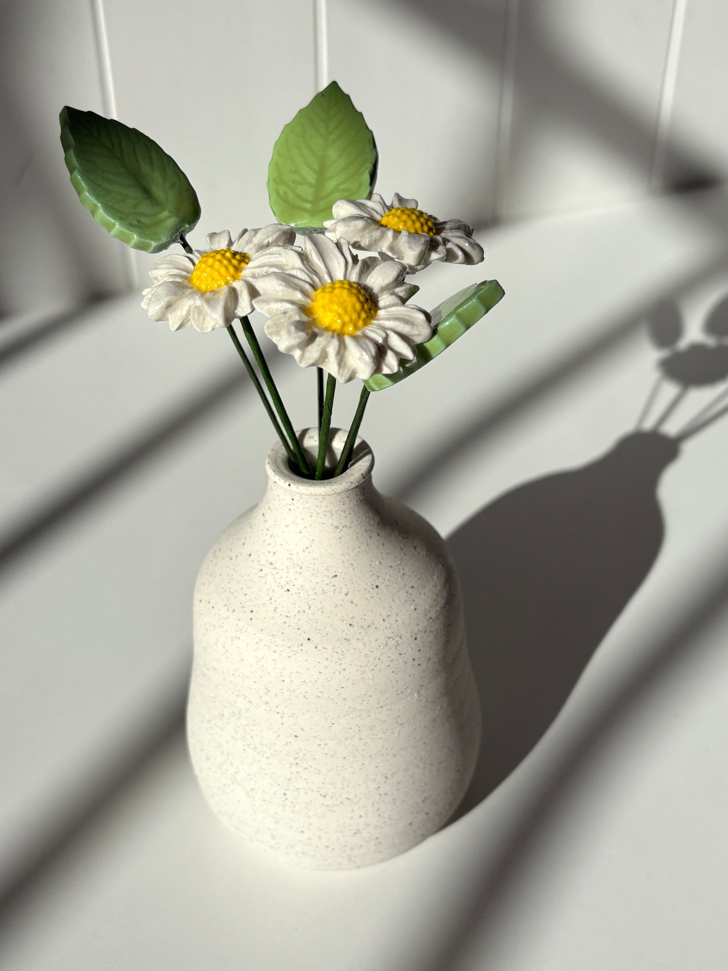 Ceramic Bud Vase with White Flowers & Leaves
