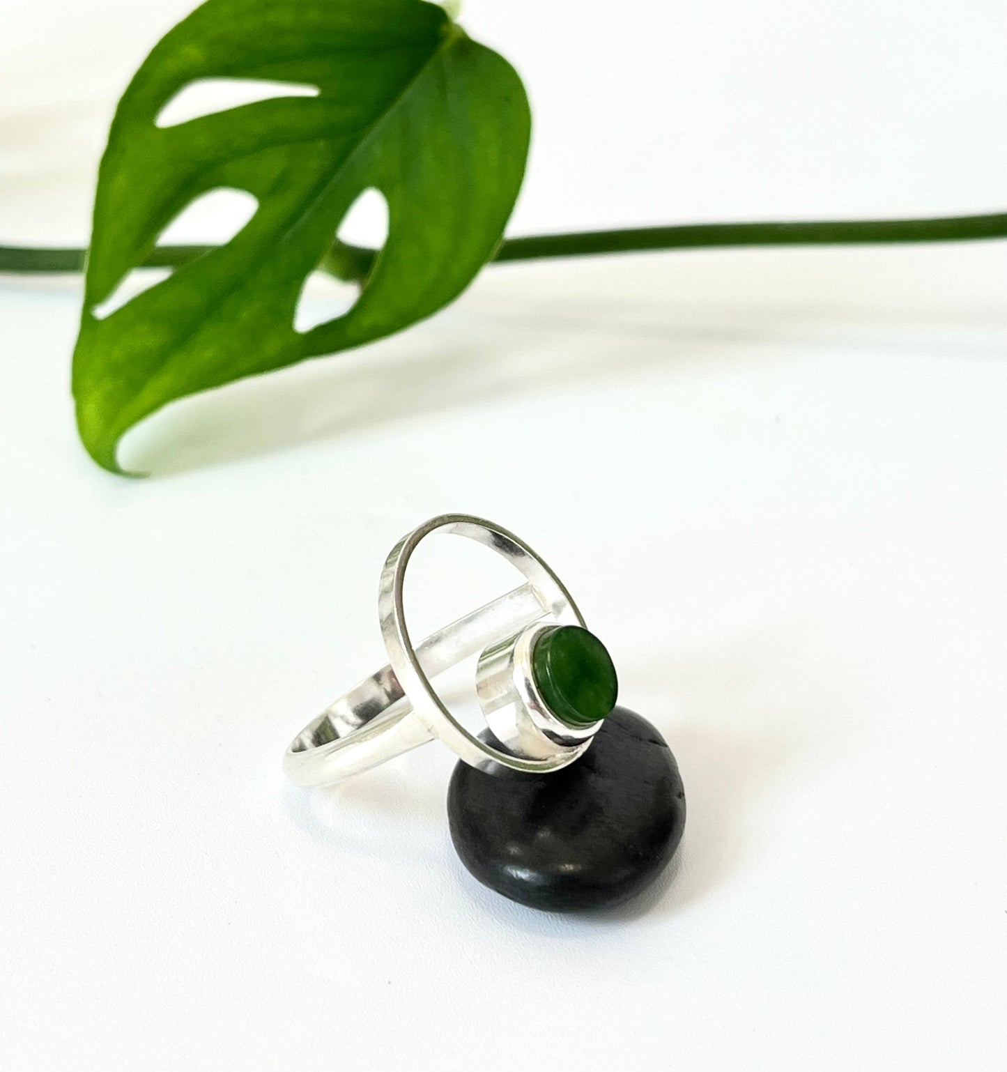 Jade & Sterling Silver Small Round Flat Offset Ring (RI-R09)