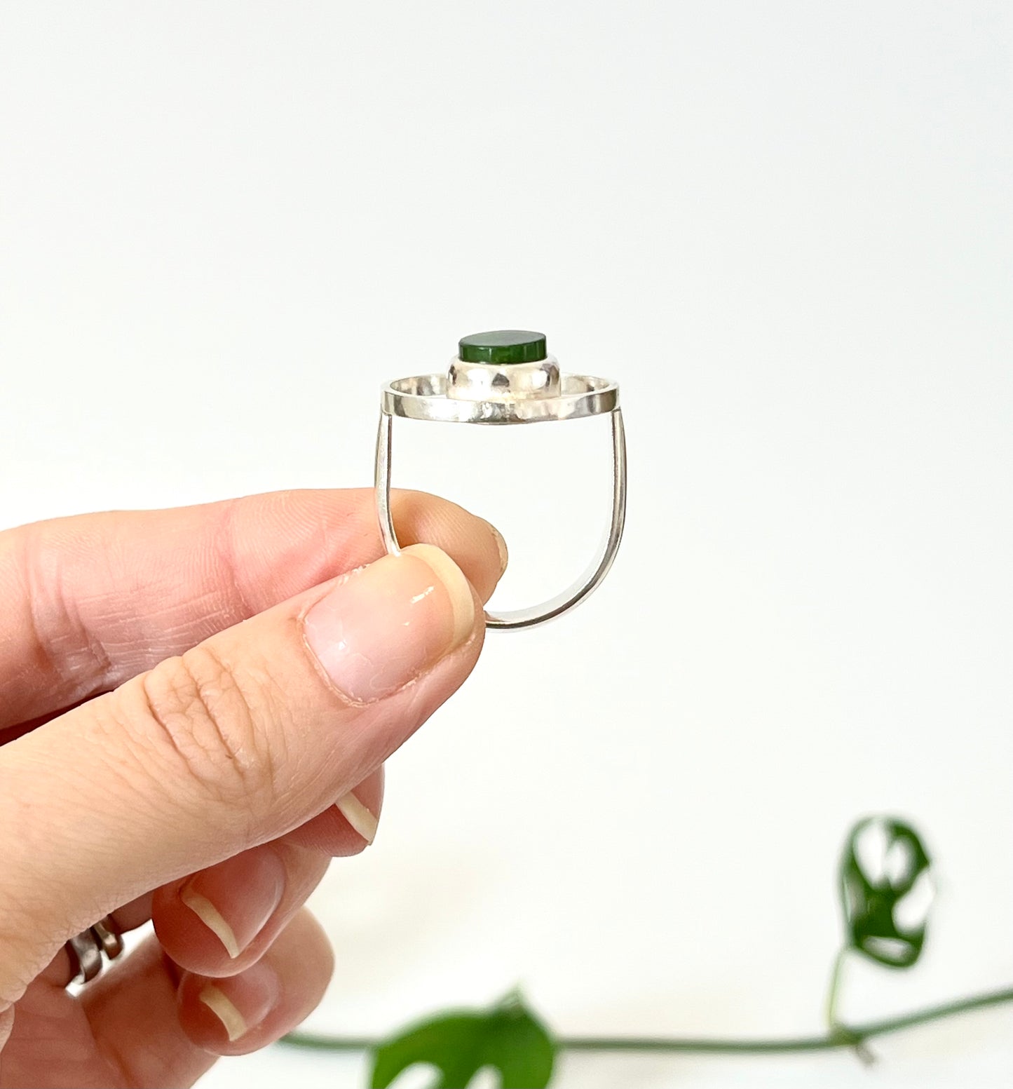 Jade & Sterling Silver Small Round Flat Offset Ring (RI-R09)