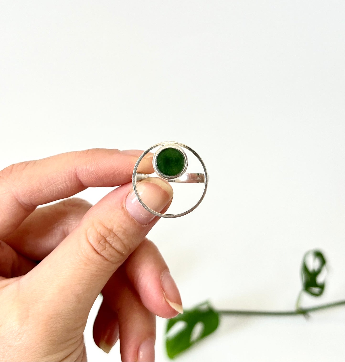 Jade & Sterling Silver Small Round Flat Offset Ring (RI-R09)