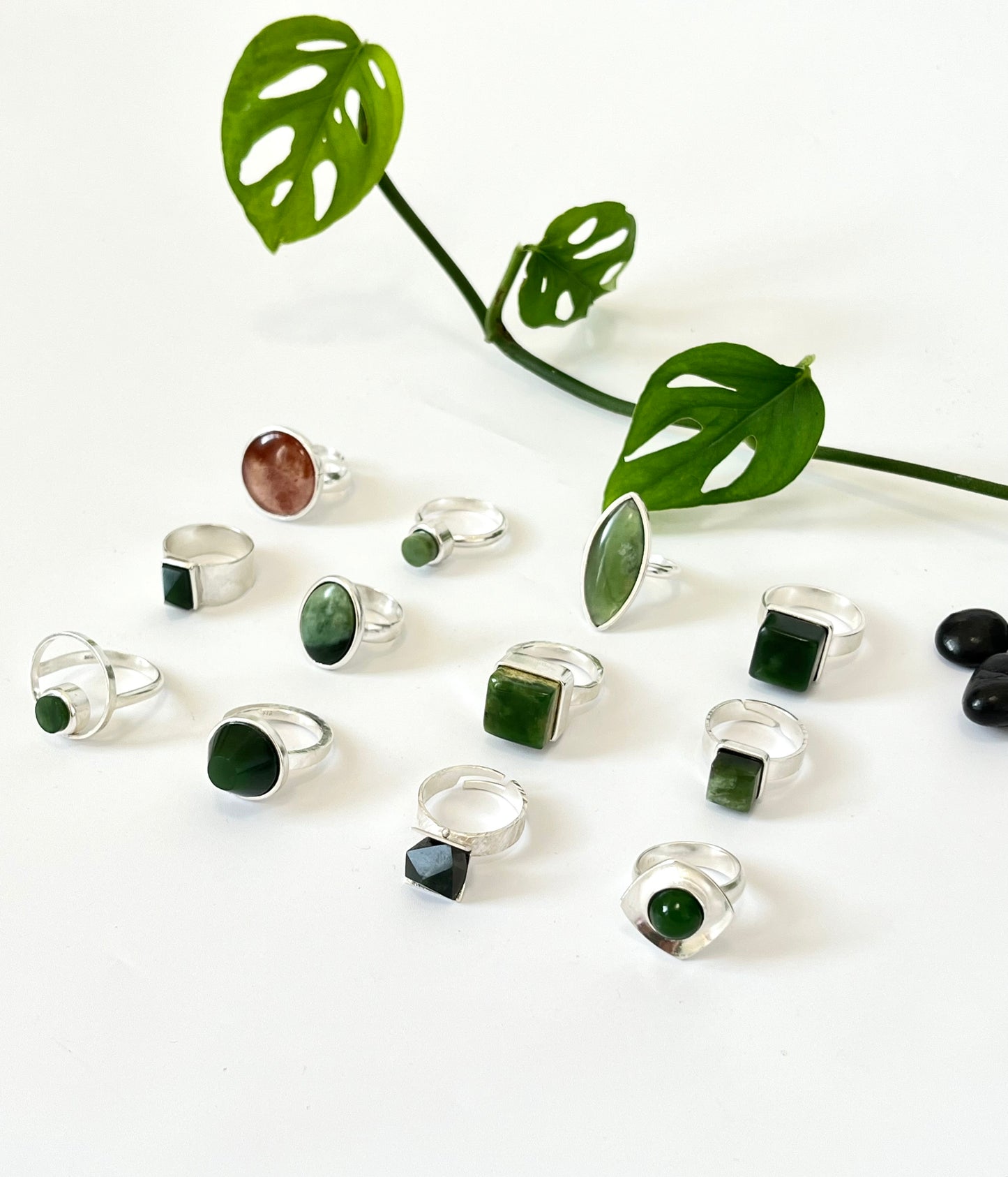 Jade & Sterling Silver Small Round Flat Offset Ring (RI-R09)