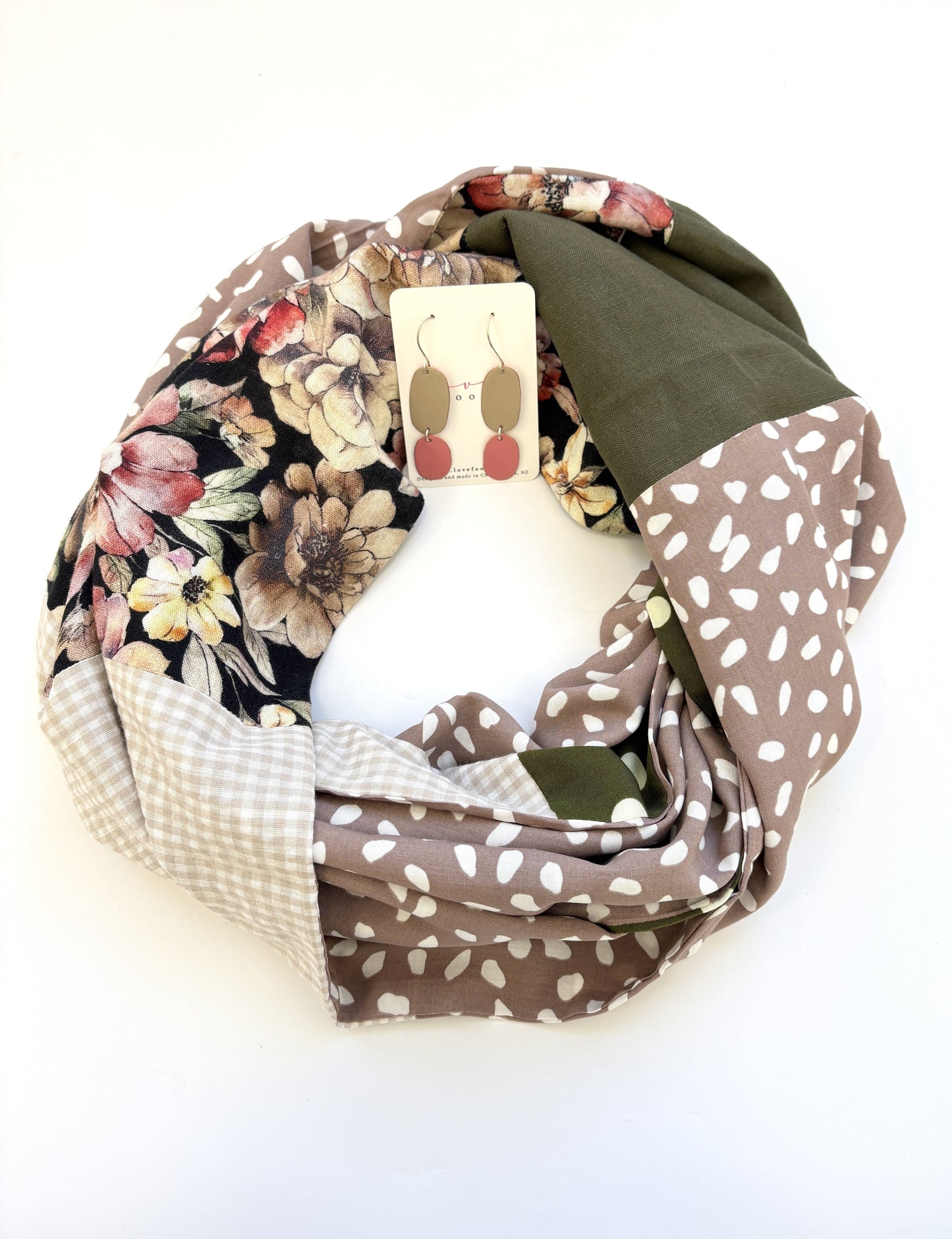 Infinity Scarf - Soft Muted natural greens / Dusky Brown