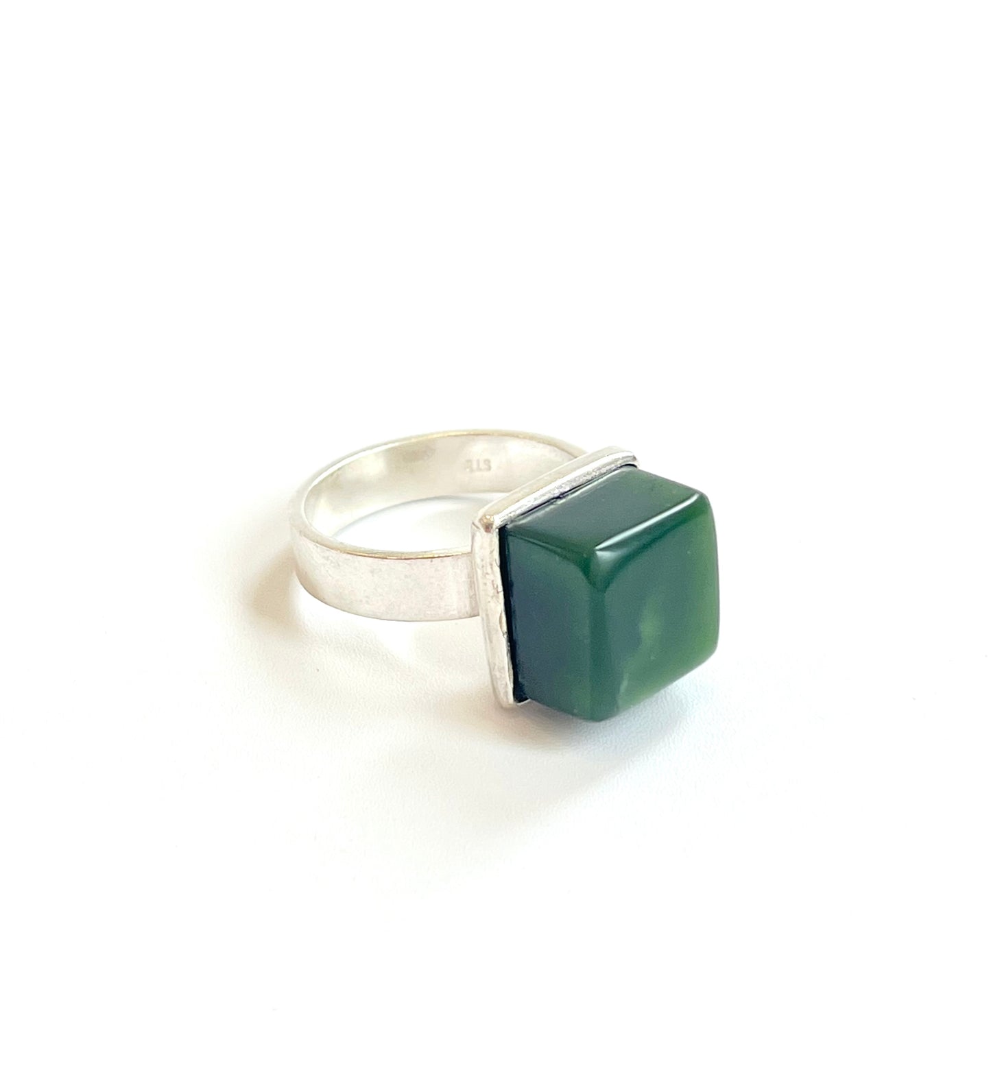 Jade & Sterling Silver Large Cube Ring - Darker Stone, larger fit (RI-CU1)