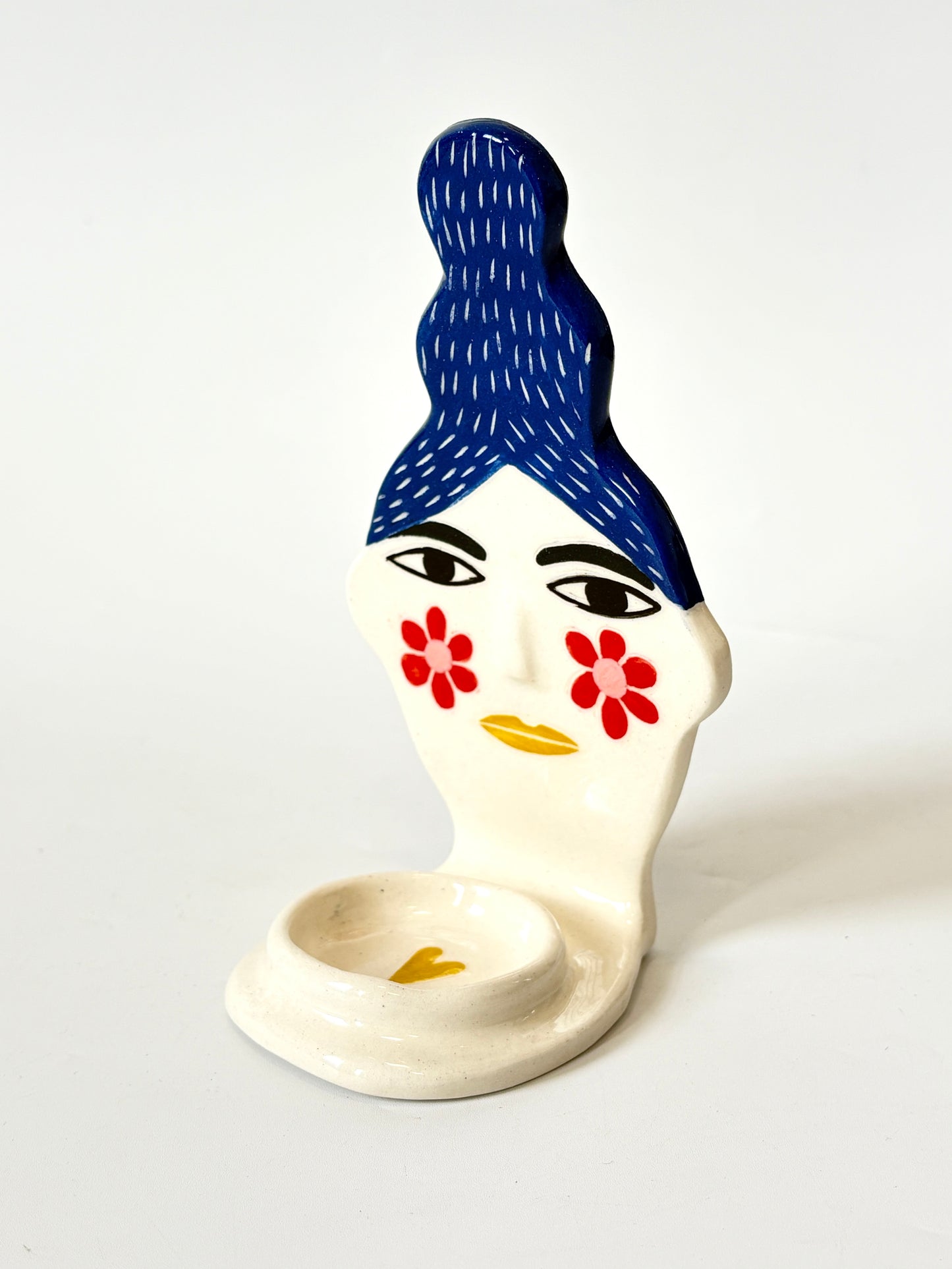 Blue Hair Lady Candle Person with flower cheeks - Ceramic candle holder by Studio Soph