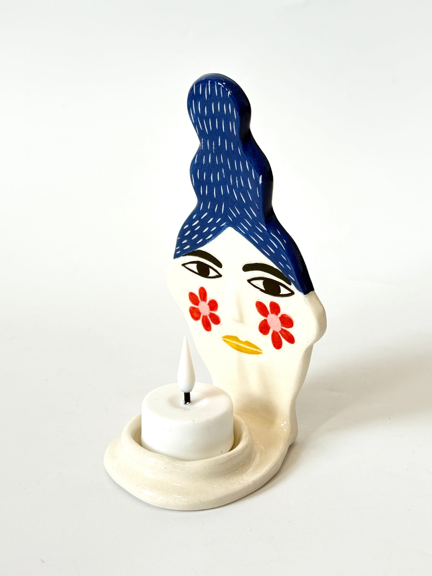 Blue Hair Lady Candle Person with flower cheeks - Ceramic candle holder by Studio Soph
