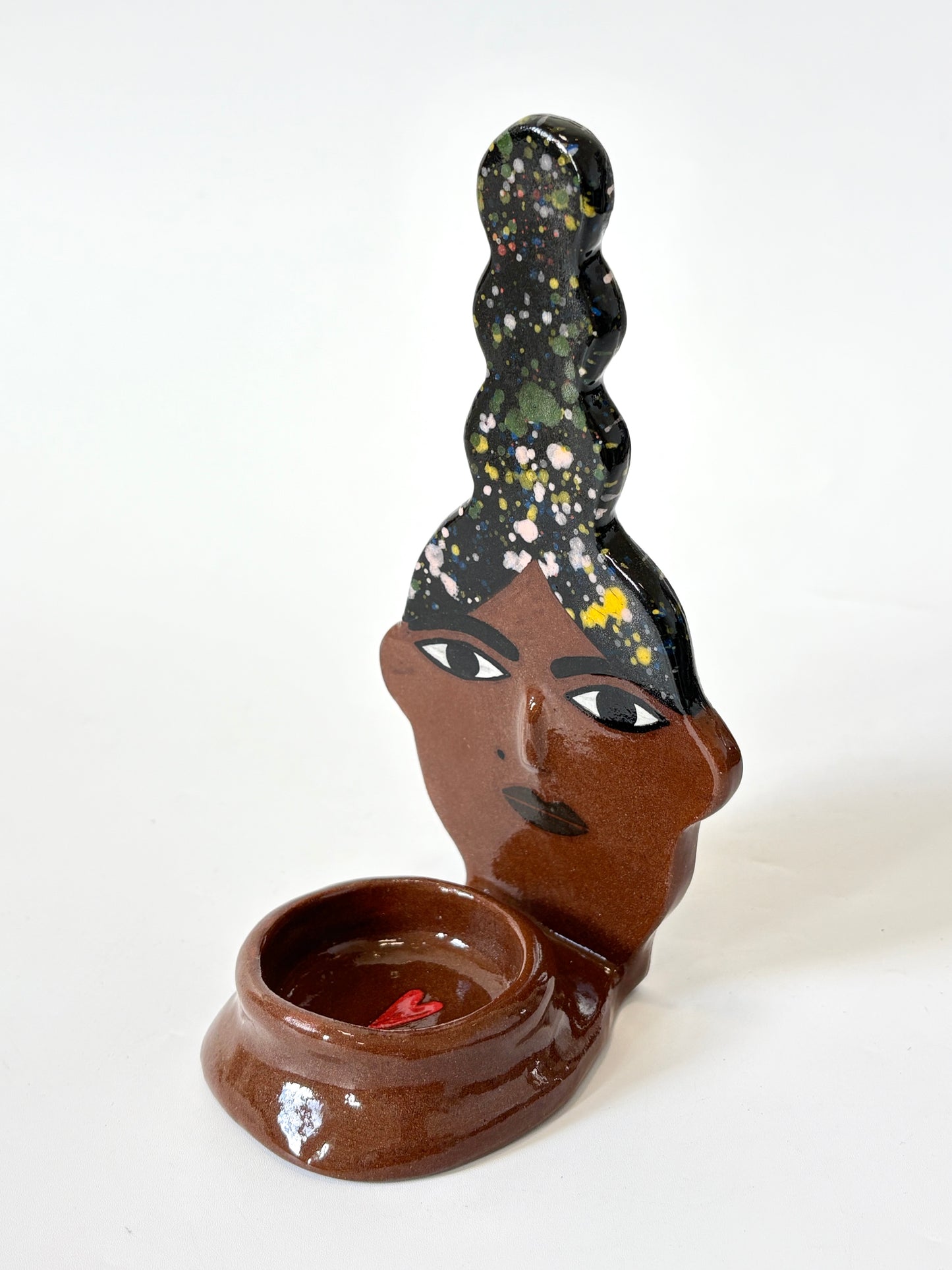 Dark Hair, dark skin Lady Candle Person with beauty spot - Ceramic candle holder by Studio Soph