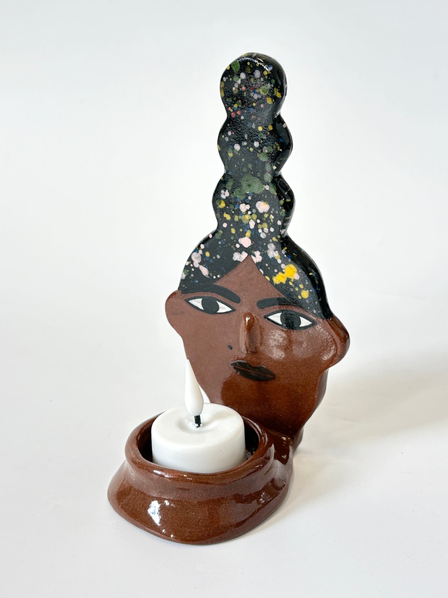 Dark Hair, dark skin Lady Candle Person with beauty spot - Ceramic candle holder by Studio Soph