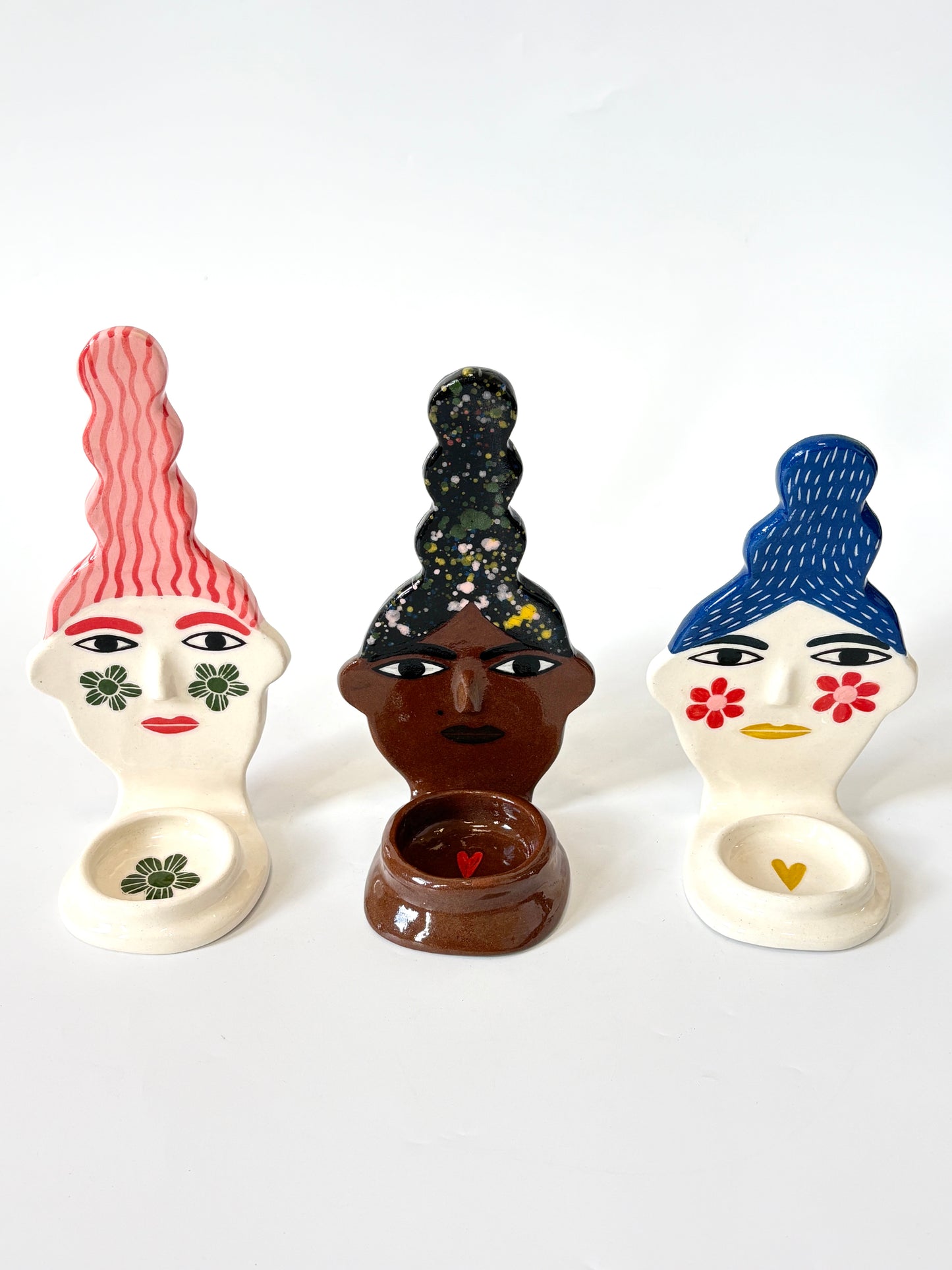 Blue Hair Lady Candle Person with flower cheeks - Ceramic candle holder by Studio Soph
