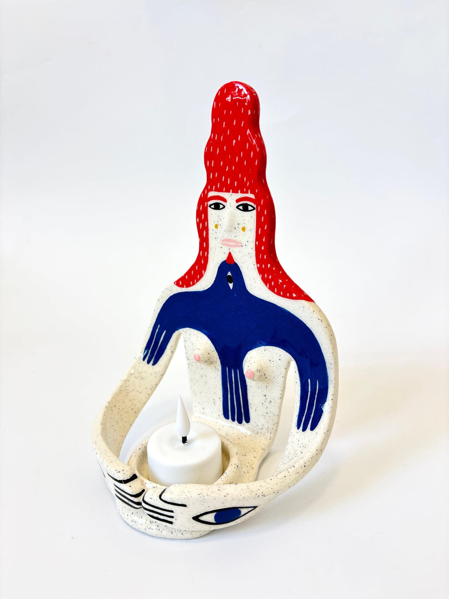 Red Hair Girl with bird Full Body Candle Person - Ceramic candle holder by Studio Soph