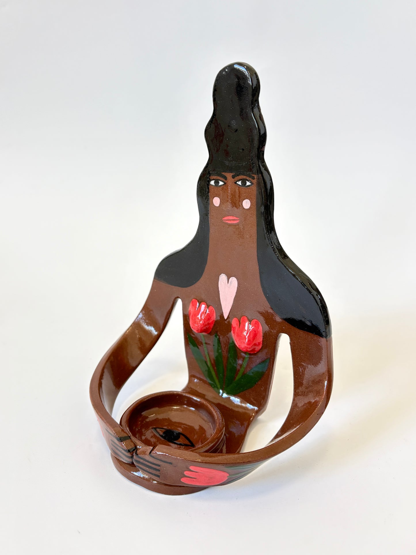 Dark Hair Girl with tulips Full Body Candle Person - Ceramic candle holder by Studio Soph