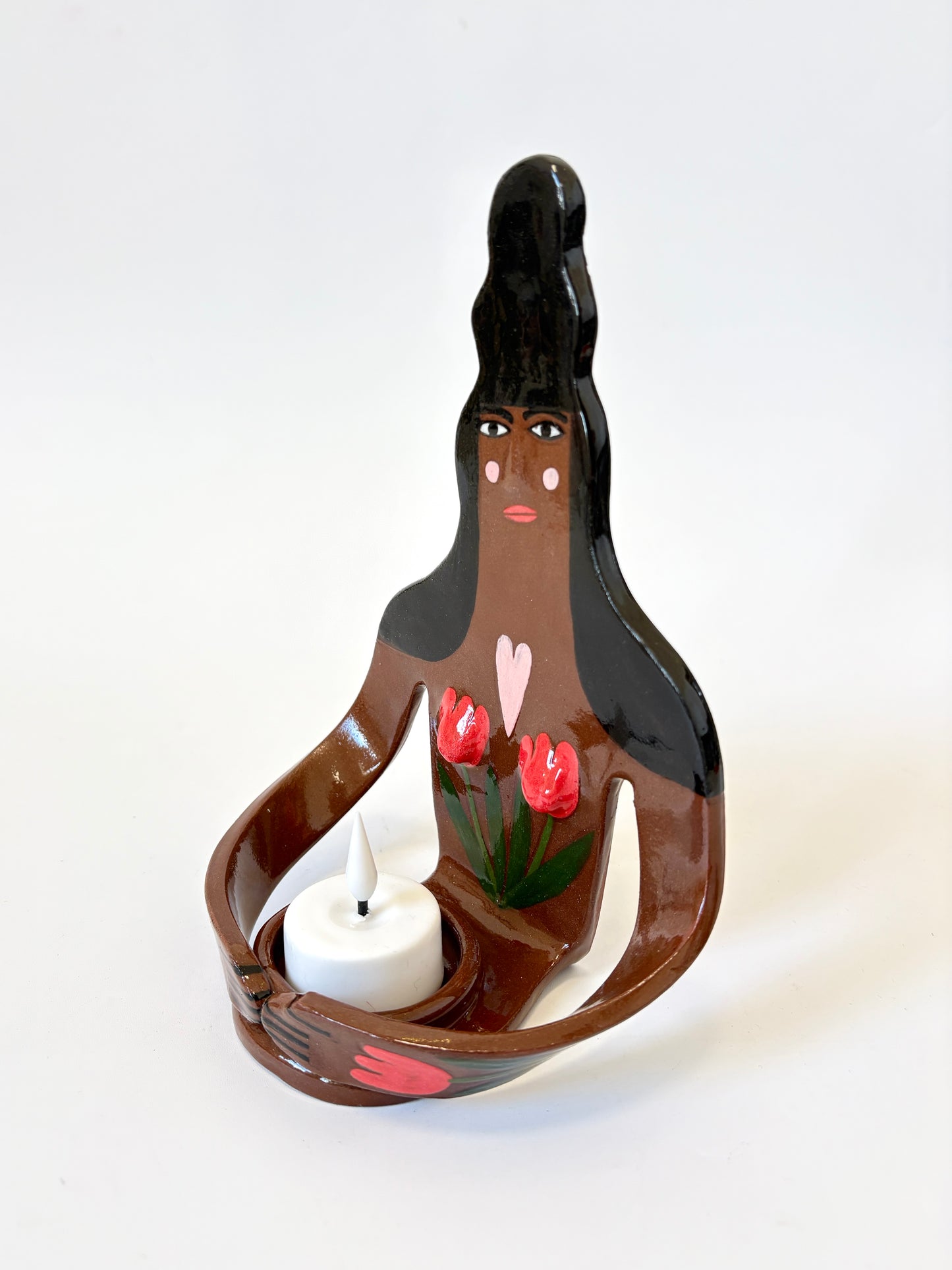 Dark Hair Girl with tulips Full Body Candle Person - Ceramic candle holder by Studio Soph