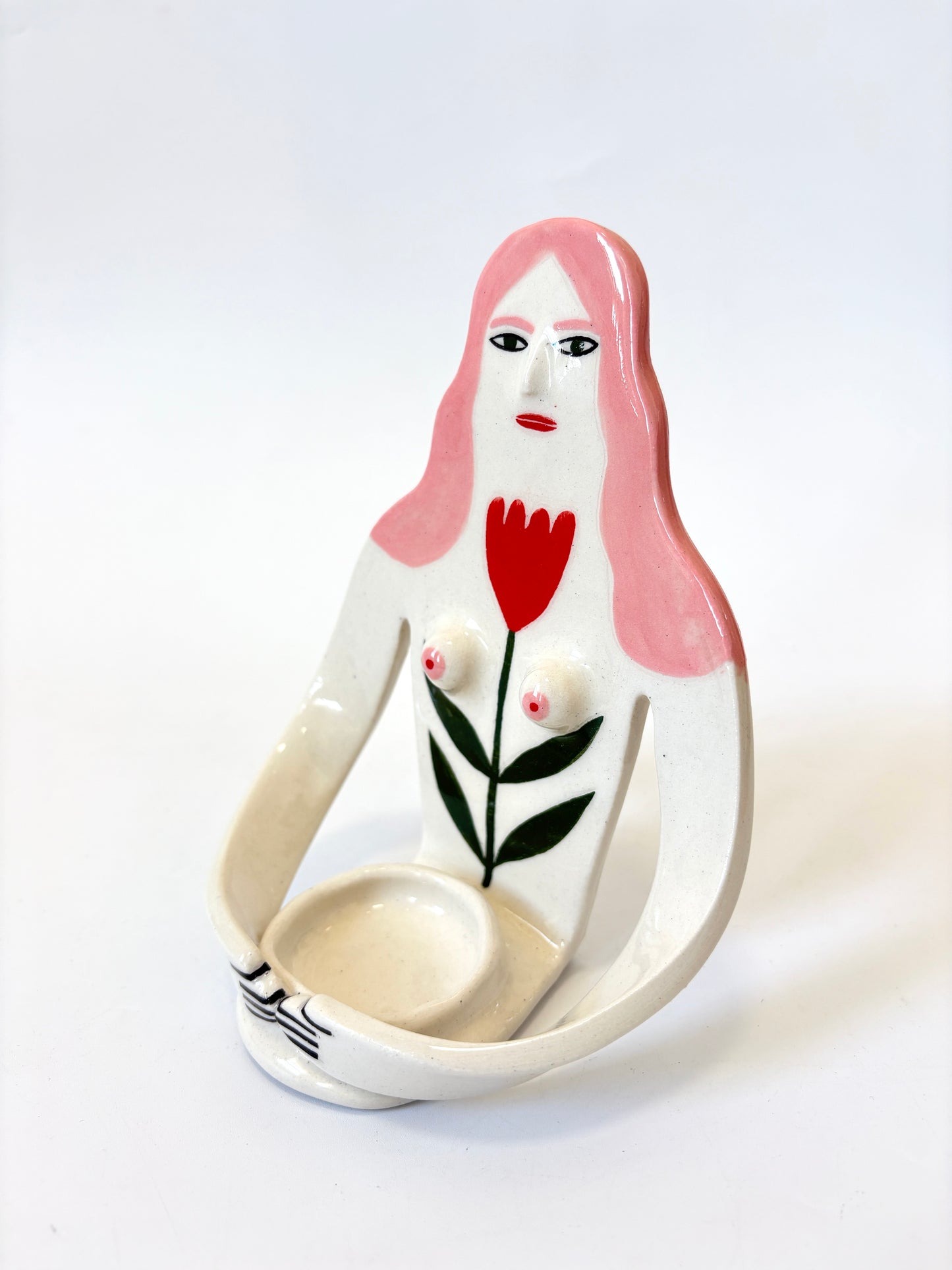 Pink Hair Girl with tulip on white skin - Full Body Candle Person - Ceramic candle holder by Studio Soph