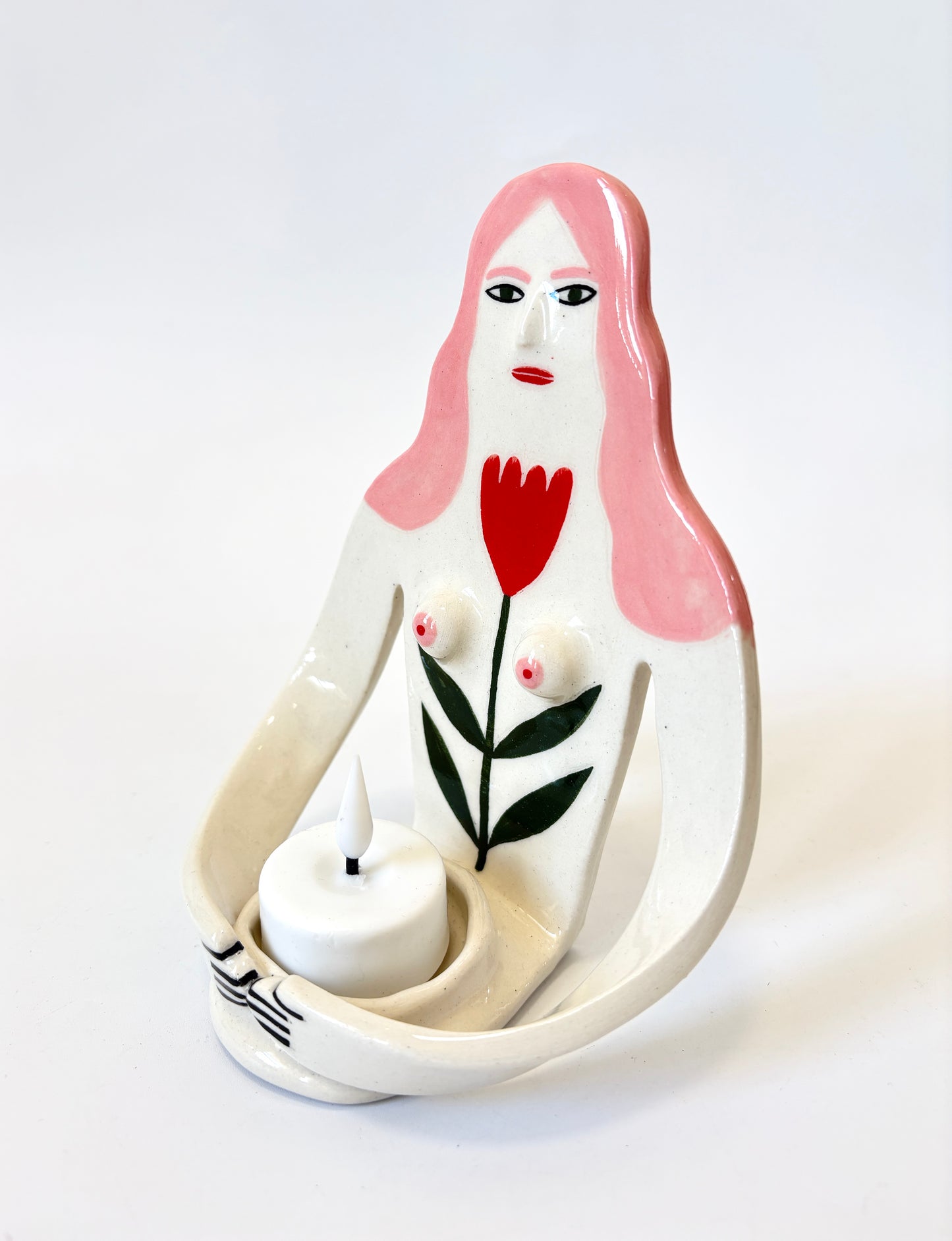 Pink Hair Girl with tulip on white skin - Full Body Candle Person - Ceramic candle holder by Studio Soph