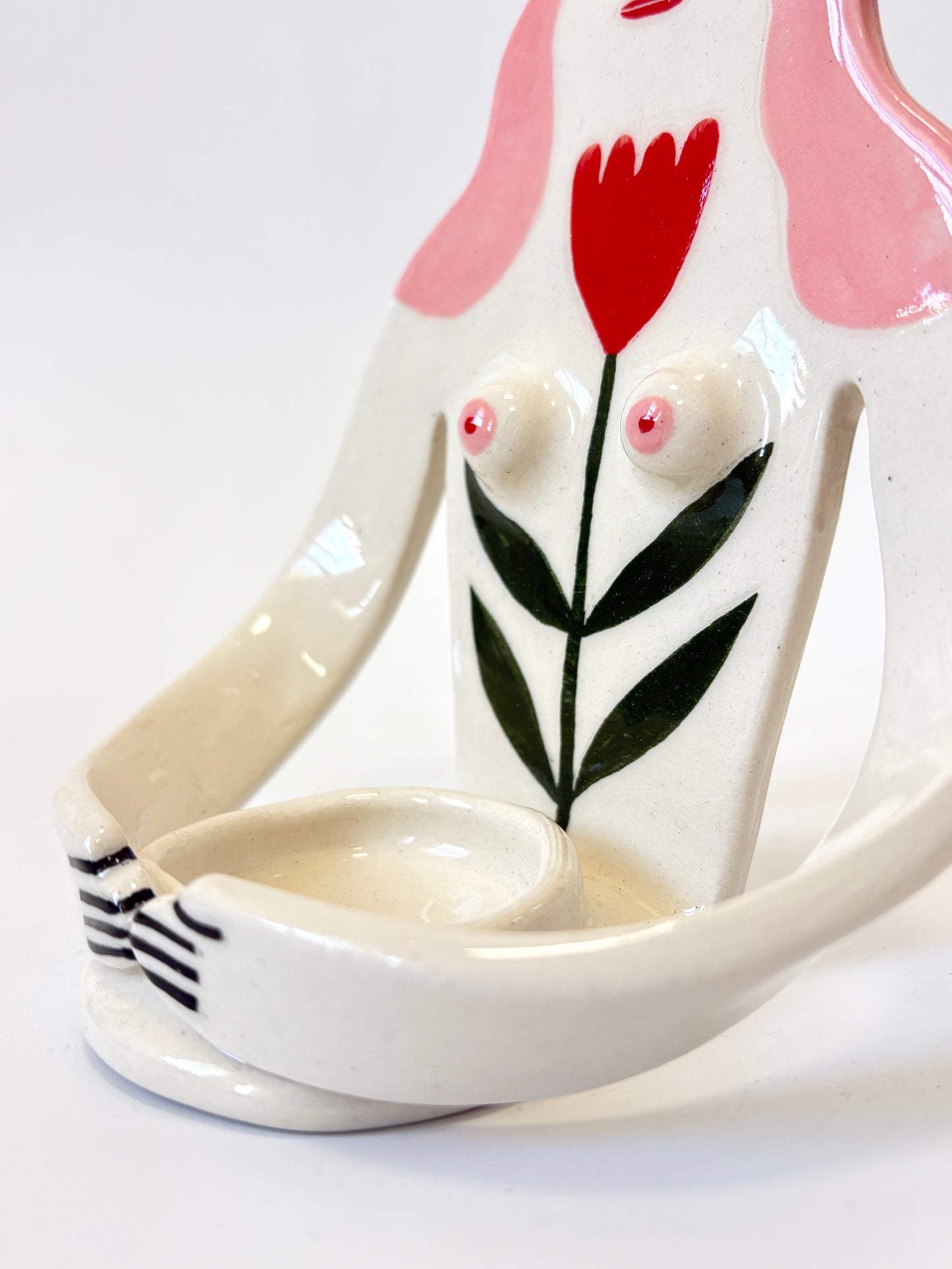 Pink Hair Girl with tulip on white skin - Full Body Candle Person - Ceramic candle holder by Studio Soph