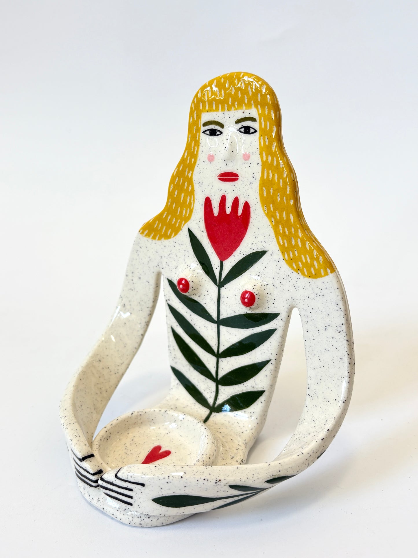 Yellow Hair Girl with tulip on white skin - Full Body Candle Person - Ceramic candle holder by Studio Soph