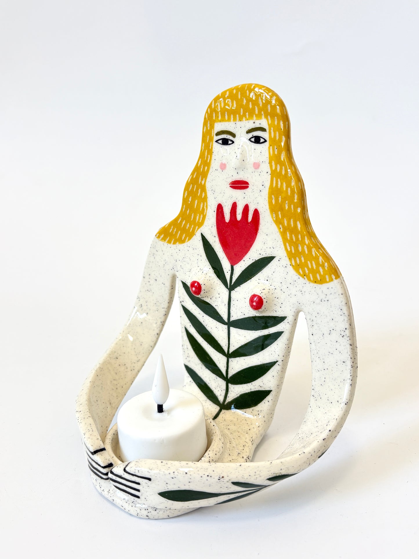 Yellow Hair Girl with tulip on white skin - Full Body Candle Person - Ceramic candle holder by Studio Soph