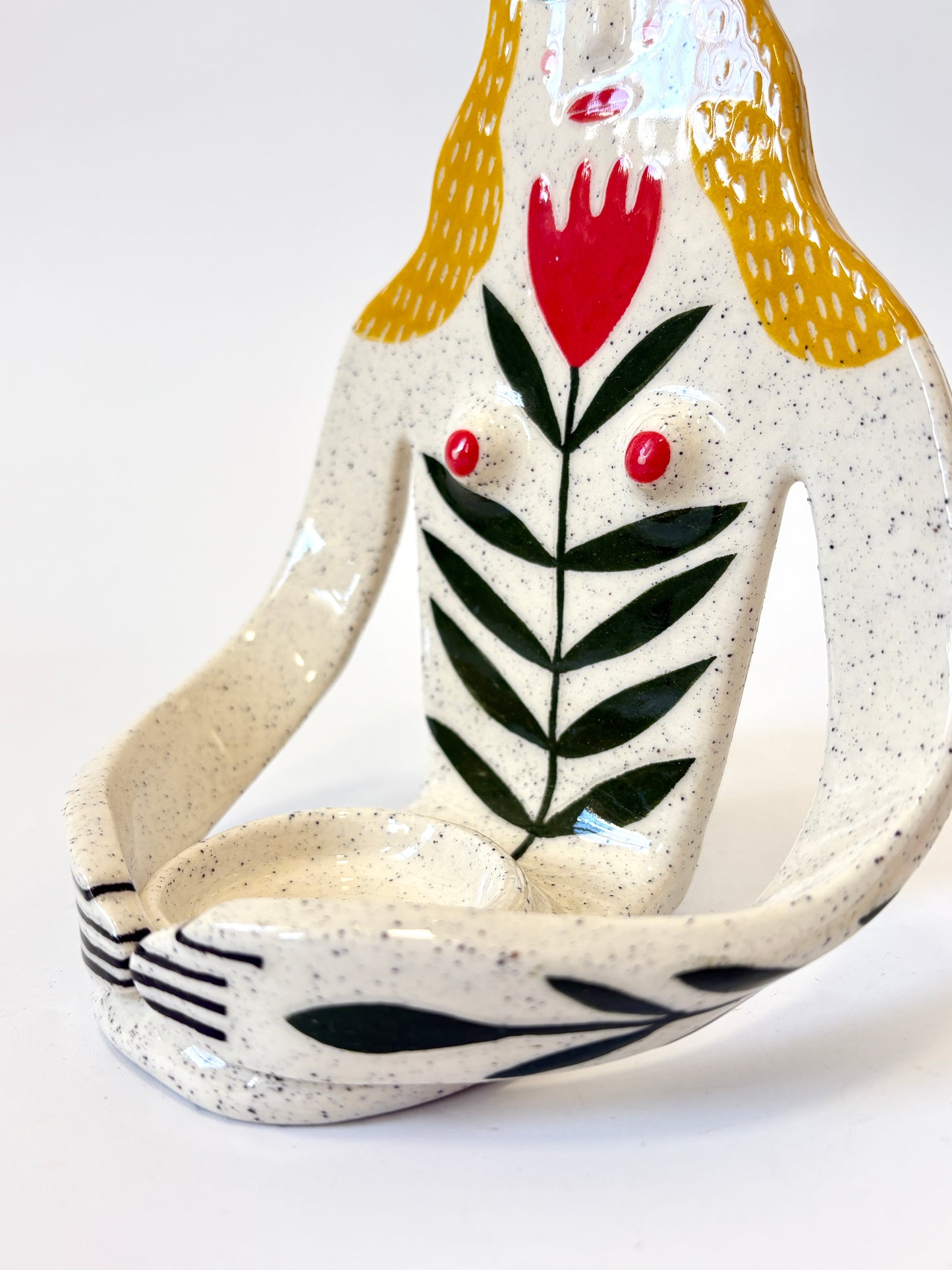 Yellow Hair Girl with tulip on white skin - Full Body Candle Person - Ceramic candle holder by Studio Soph