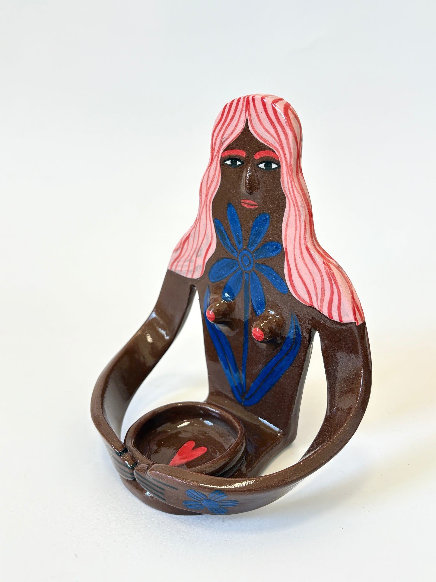 Pink Hair Girl with blue flower, brown skin - Full Body Candle Person - Ceramic candle holder by Studio Soph
