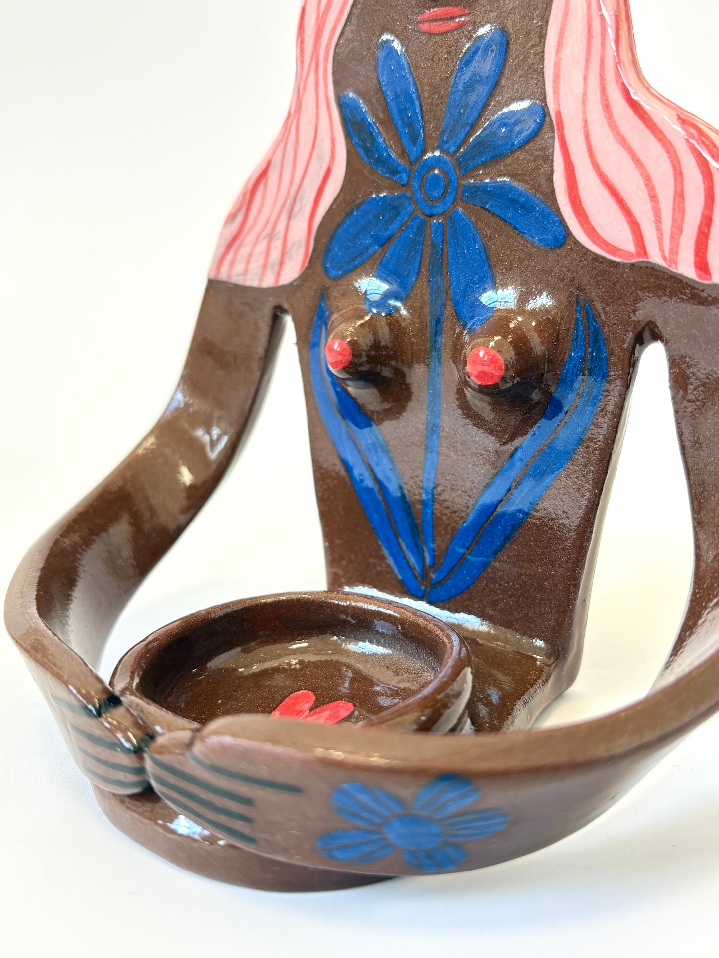 Pink Hair Girl with blue flower, brown skin - Full Body Candle Person - Ceramic candle holder by Studio Soph