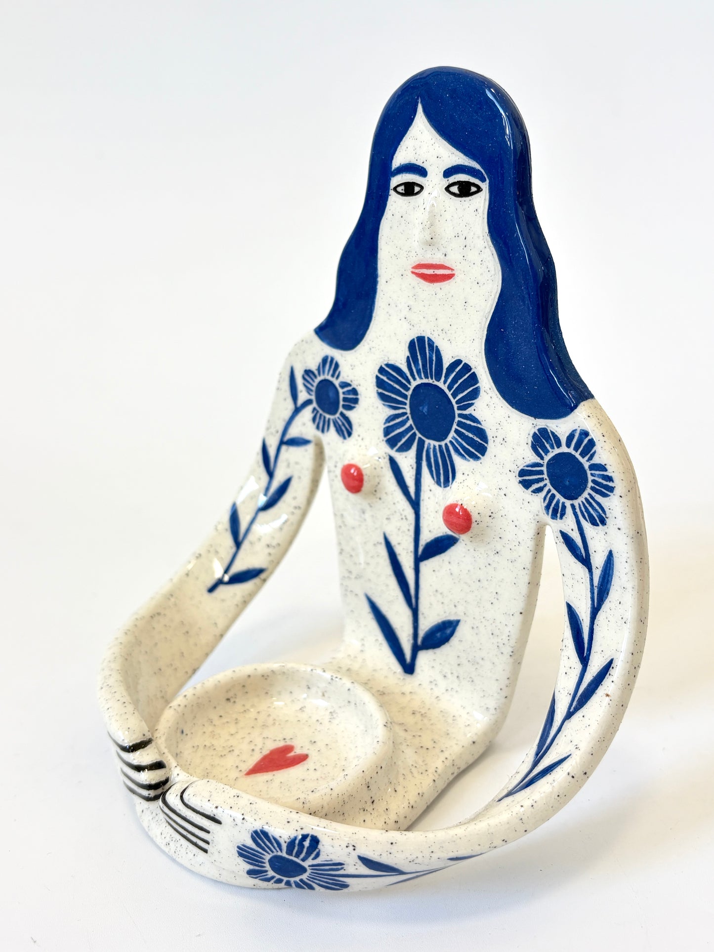 Blue Hair Girl with flowers on white skin - Full Body Candle Person - Ceramic candle holder by Studio Soph