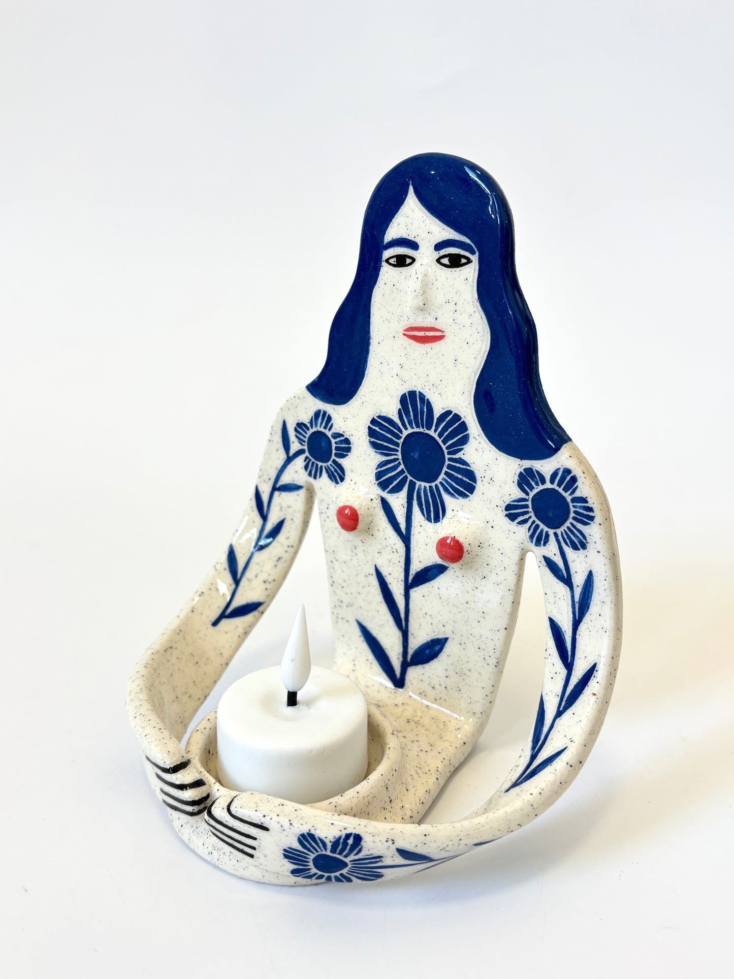 Blue Hair Girl with flowers on white skin - Full Body Candle Person - Ceramic candle holder by Studio Soph
