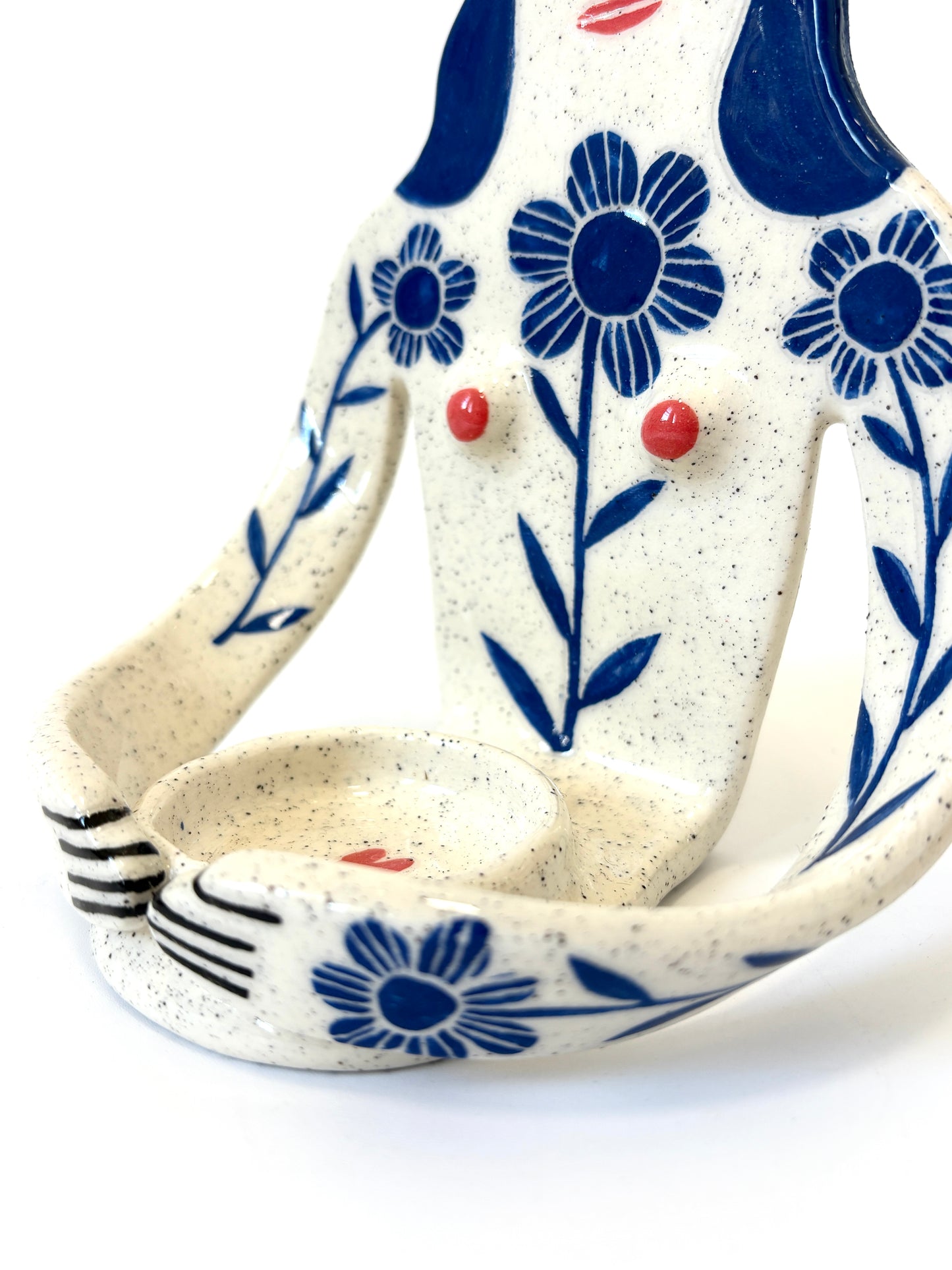 Blue Hair Girl with flowers on white skin - Full Body Candle Person - Ceramic candle holder by Studio Soph